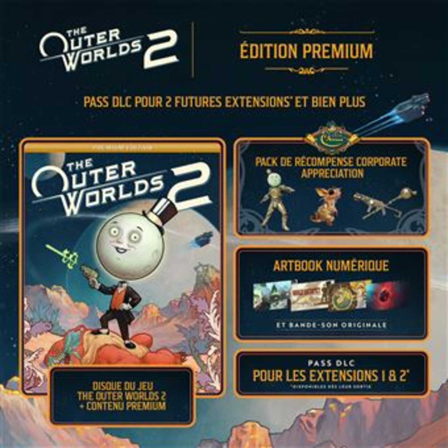 De box art van de game The Outer Worlds 2 Premium Edition. Toont een maanachtig personage, met details over bonusinhoud. Inclusief DLC-info.