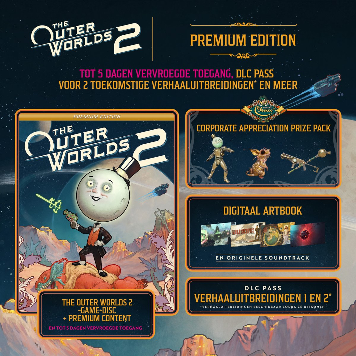 The Outer Worlds 2 game-advertentie. Toont maan-gezicht karakter, premium details en DLC info.