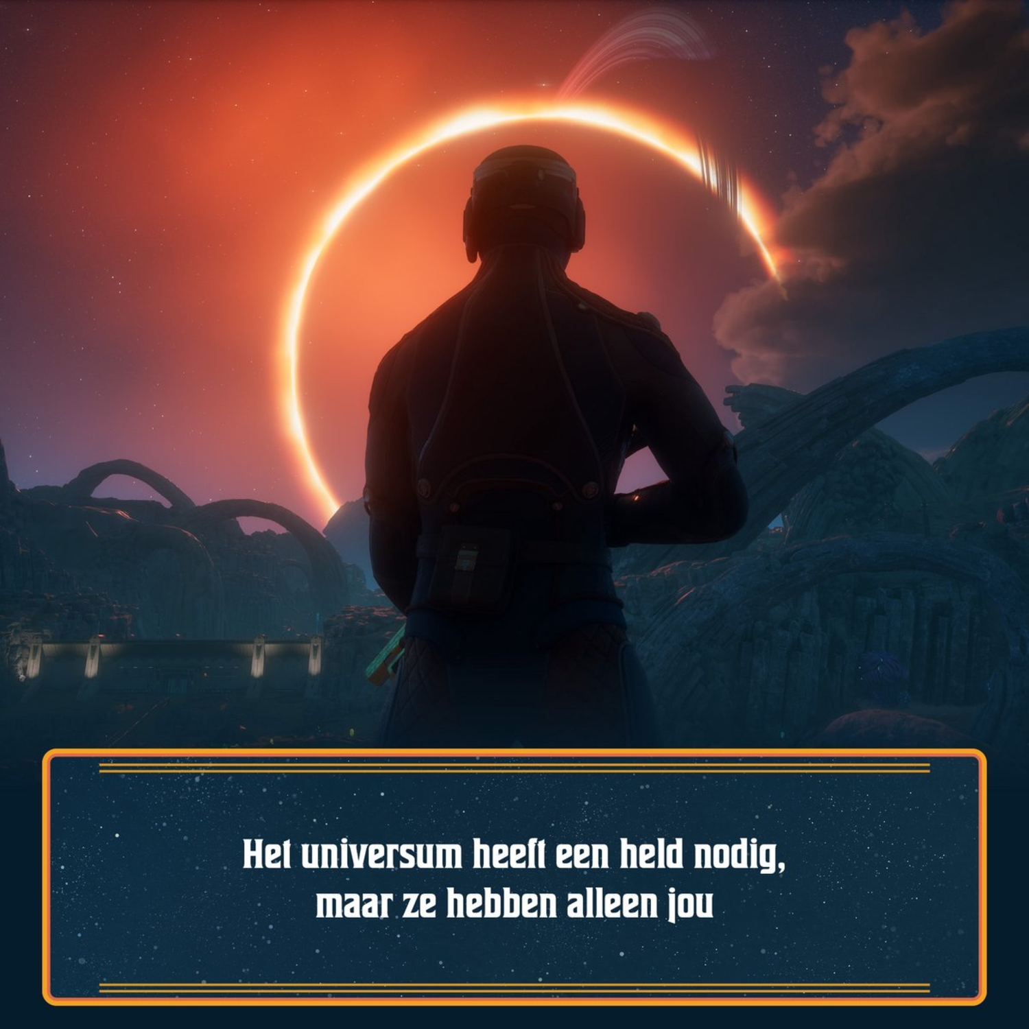 Een persoon in ruimtepak kijkt naar een buitenaards landschap met een planeet met ringen in de lucht.