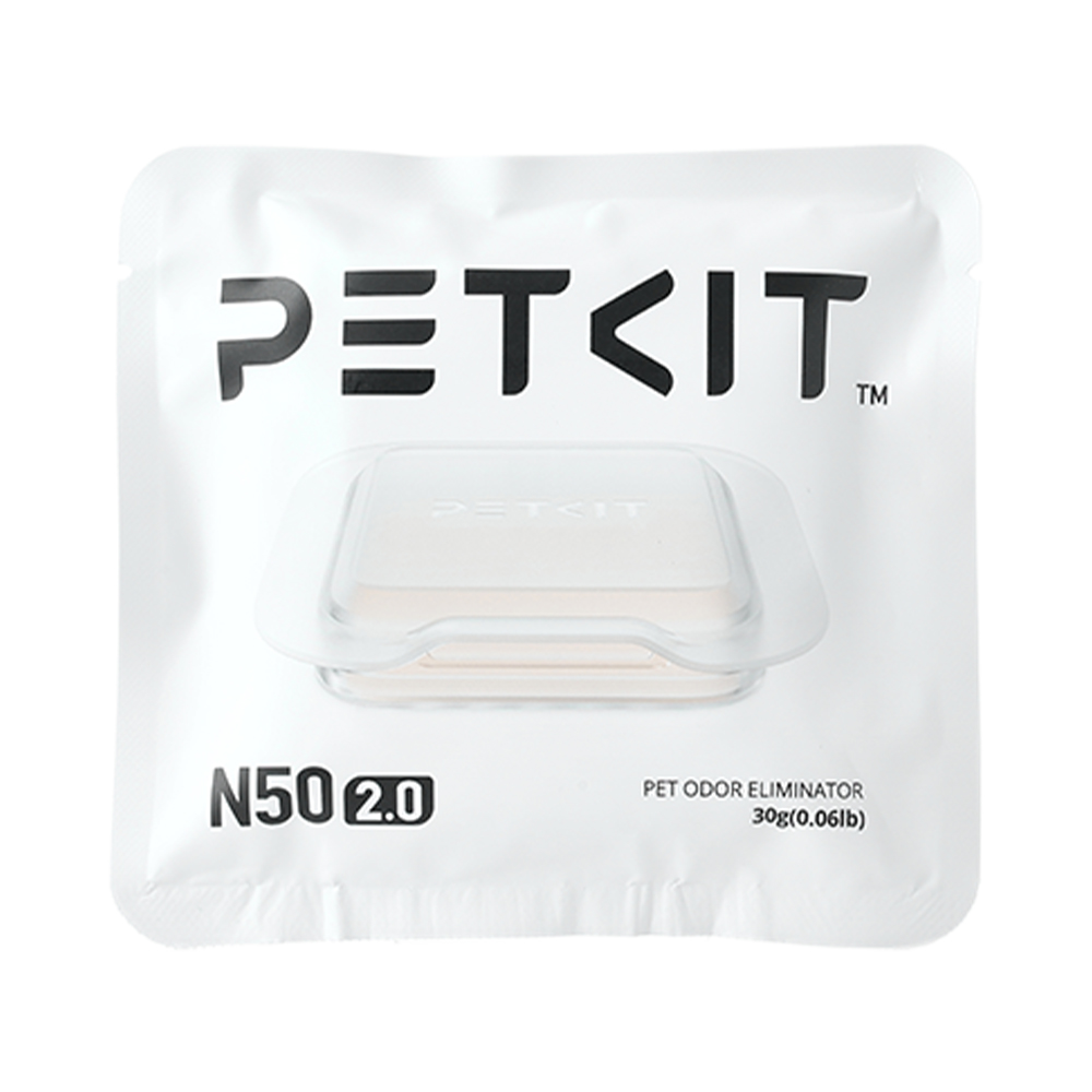 Beyaz PETKIT evcil hayvan kokusu giderici kese. Siyah metin: PETKIT, N50 2.0. İçinde şeffaf plastik kap. Metin: 30g(0.06lb).