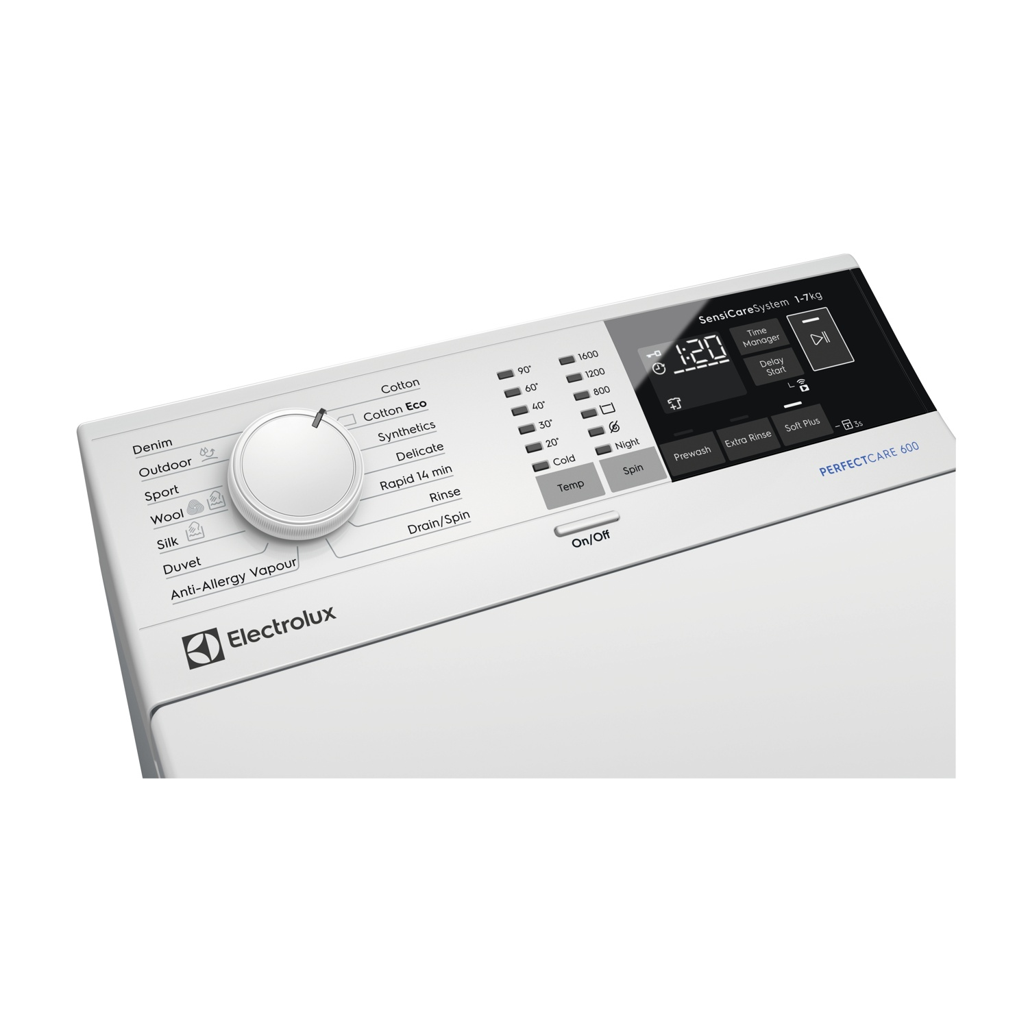 Pannello di controllo lavatrice Electrolux bianco. Ha un quadrante, un display digitale che mostra 1:20 e varie opzioni di programma.