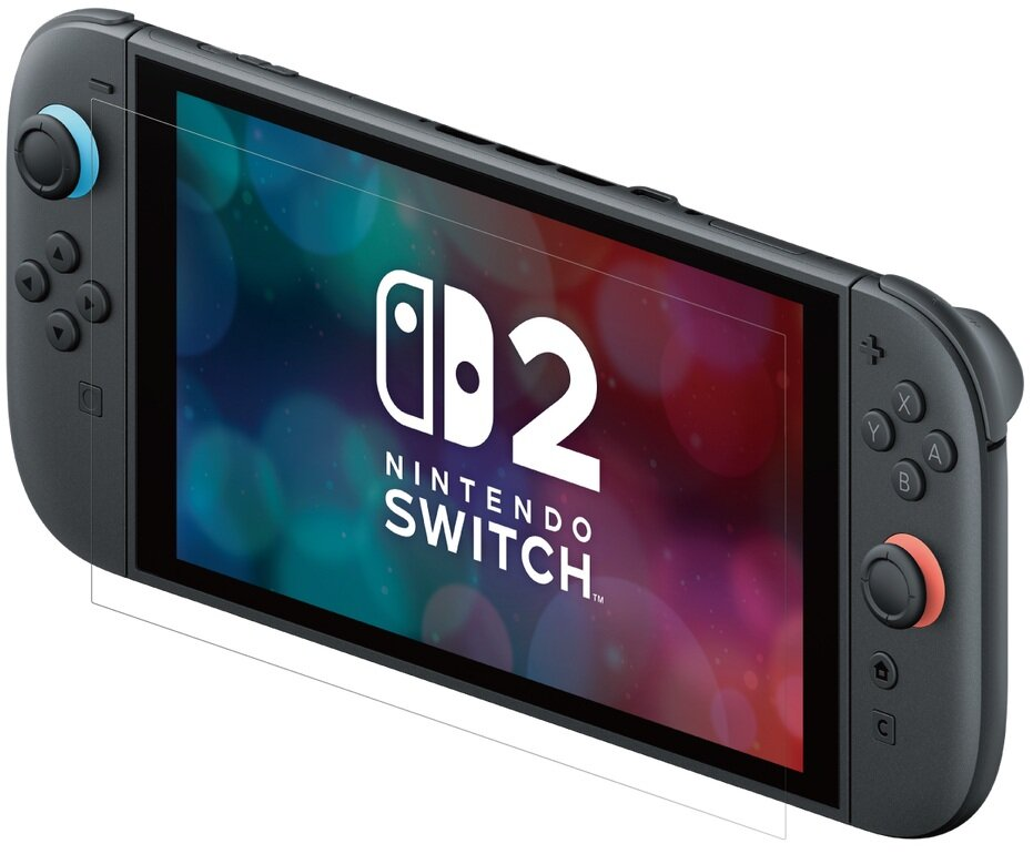 Konsola Nintendo Switch. Ciemnoszara z odłączanymi kontrolerami. Ekran wyświetla logo Nintendo Switch.