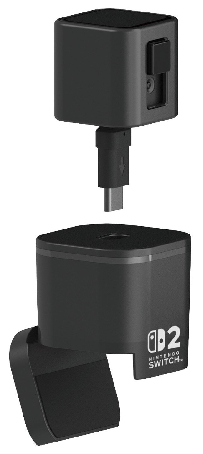 Czarna stacja dokująca Nintendo Switch z kablem USB-C podłączonym do kwadratowego górnego elementu. Dolna część ma logo. Wszystko na białym tle.