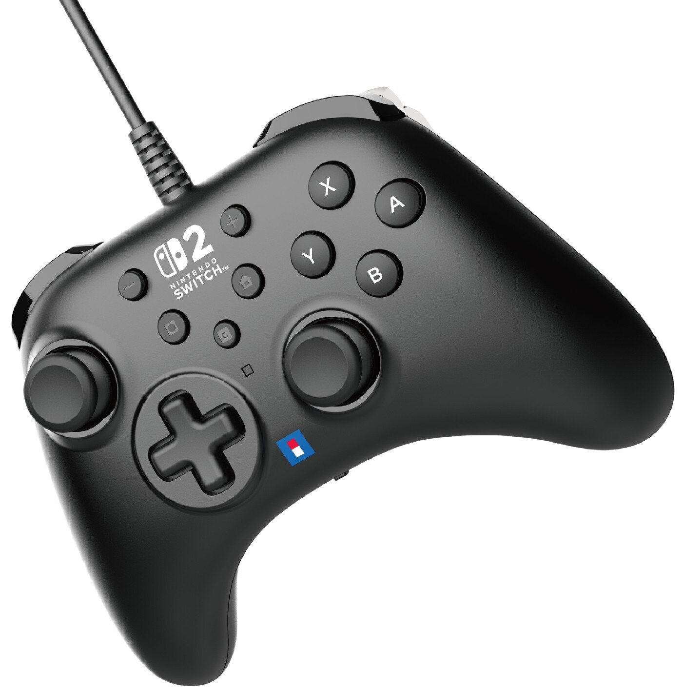 Czarny kontroler Nintendo Switch. Posiada przyciski, krzyżak i joysticki. Kabel wychodzi z góry.