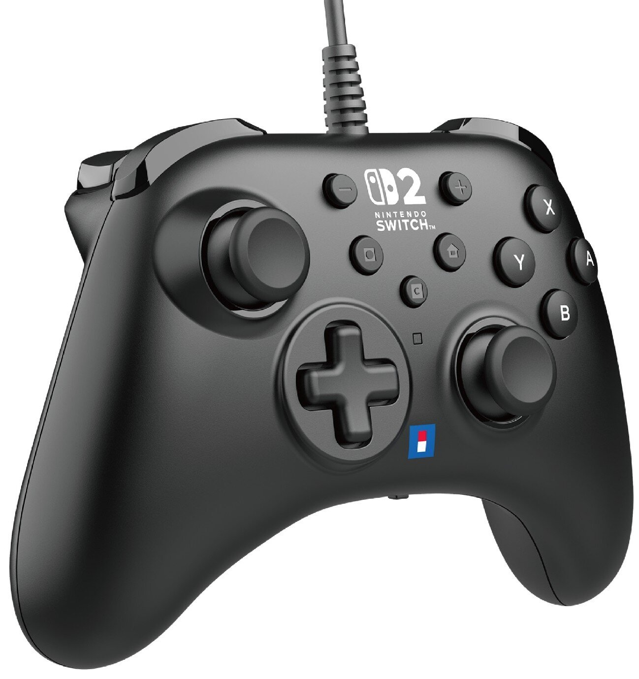 Czarny kontroler Nintendo Switch z przyciskami i kablem. Widoczne logo Switch.