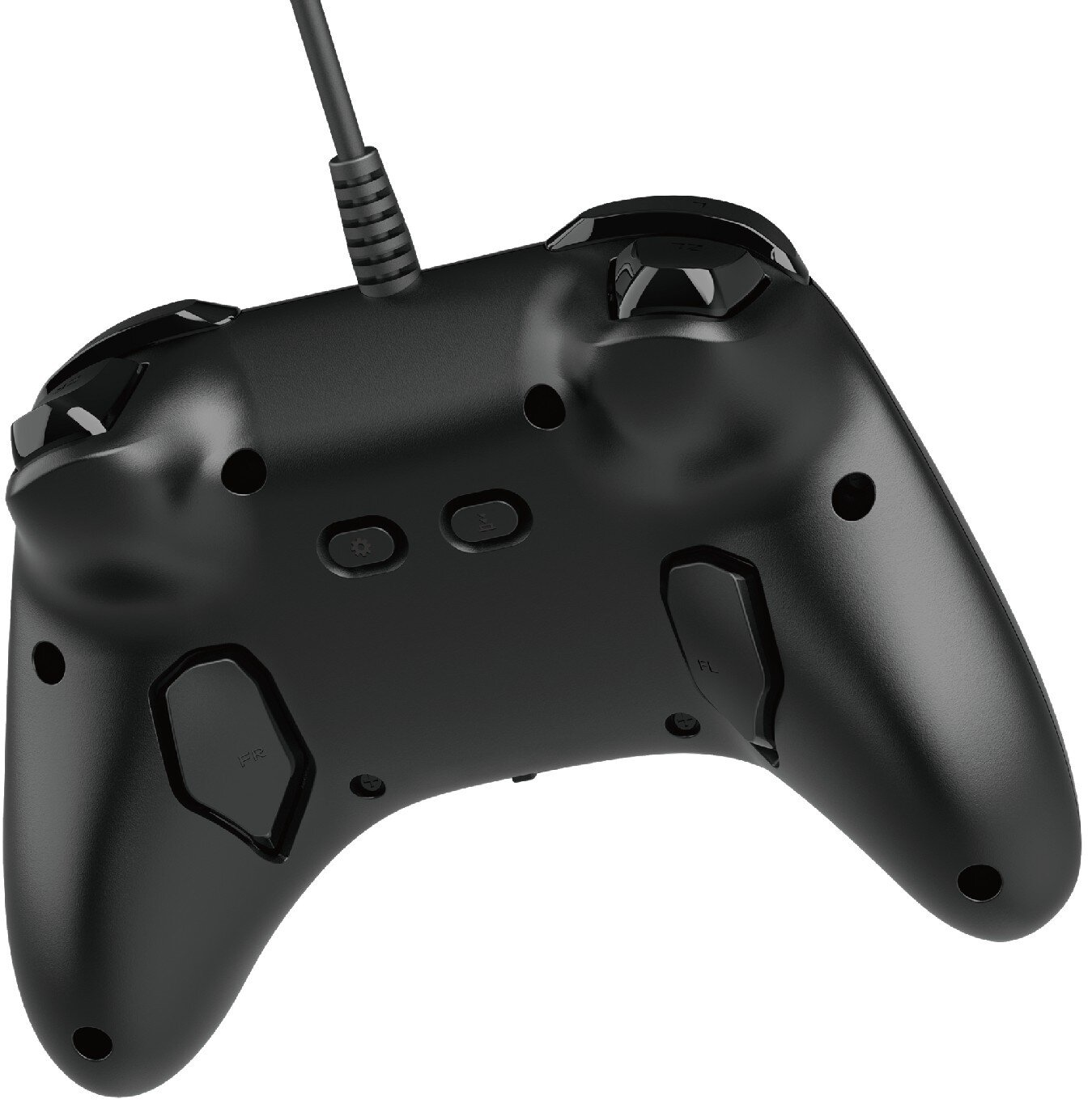 Czarny gamepad z kablem. Widoczne przyciski i joysticki. FR i FL z tyłu.