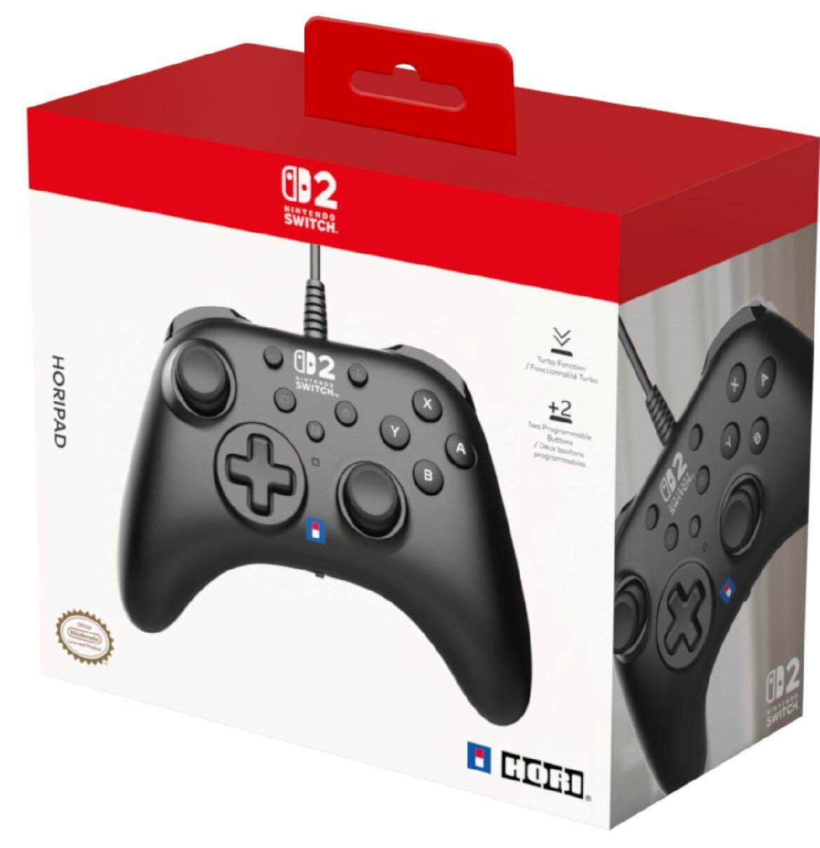 Czarny kontroler Nintendo Switch w czerwono-białym pudełku, z napisem 'HORIPAD'.