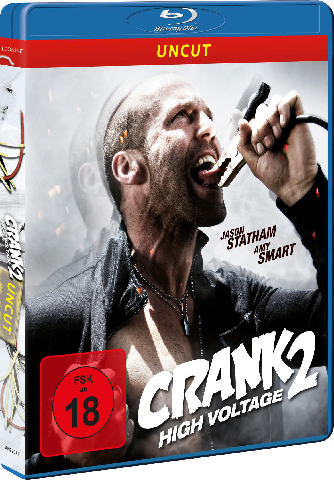 Crank 2 Blu-ray Cover: Jason Statham mit Klemme im Mund, Filmtitel 'Crank 2', FSK 18 Bewertung und 'Uncut' Text.