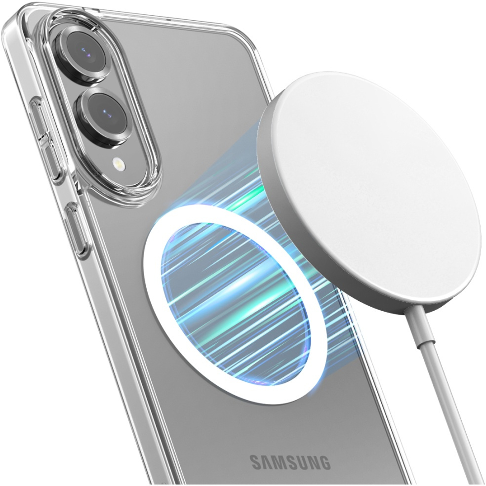 Przezroczyste etui na telefon z białą ładowarką magnetyczną. Telefon ma dwa aparaty. Widoczne logo Samsung.