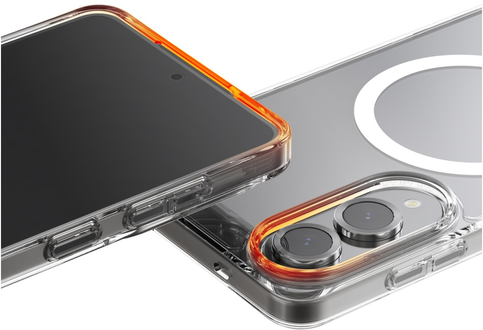 Zbliżenie dwóch przezroczystych etui na telefony. Jedno pokazuje ekran, drugie obiektywy aparatu. Oba mają pomarańczowe krawędzie.