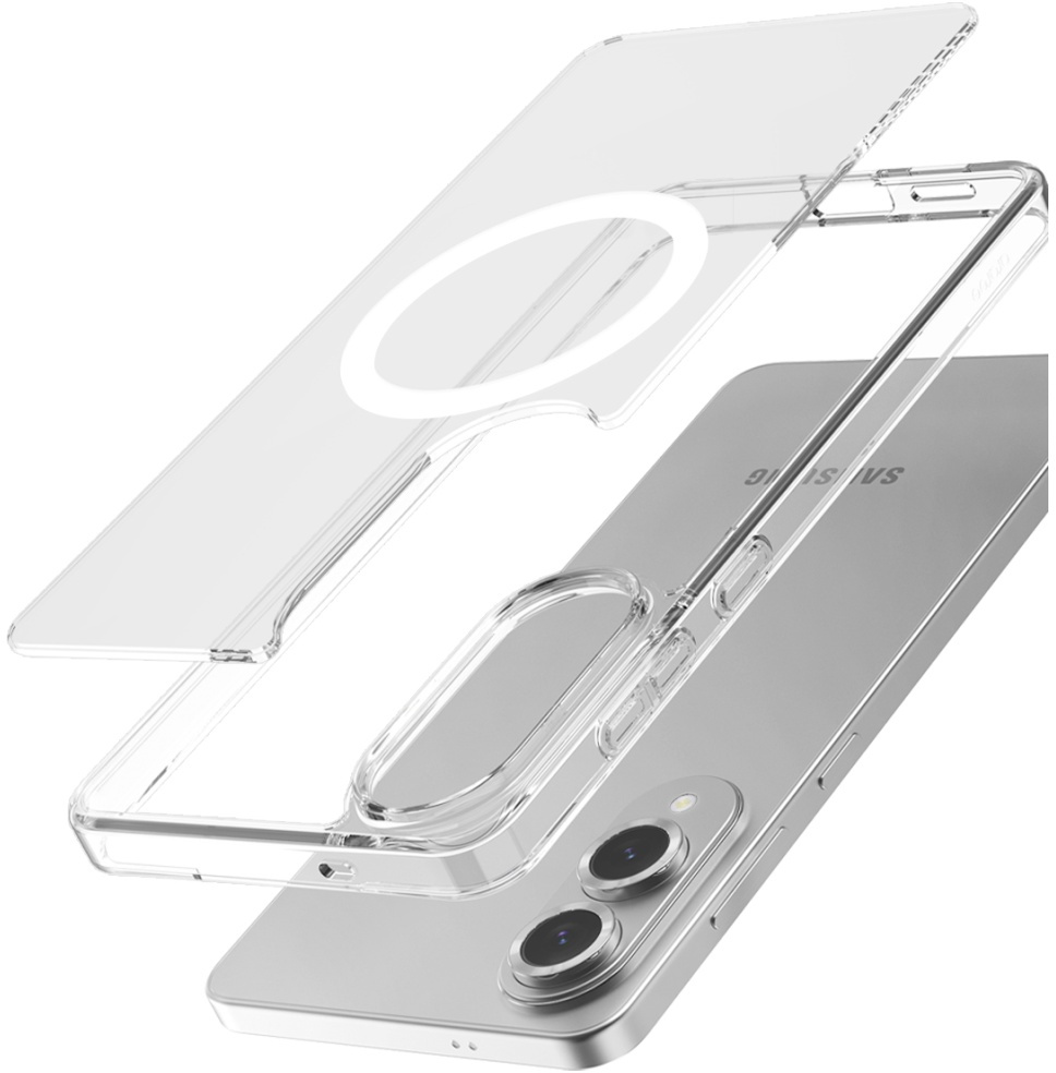 Pokazano przezroczyste etui na telefon, z telefonem w środku. Etui składa się z trzech części. Telefon jest srebrny z dwoma aparatami.