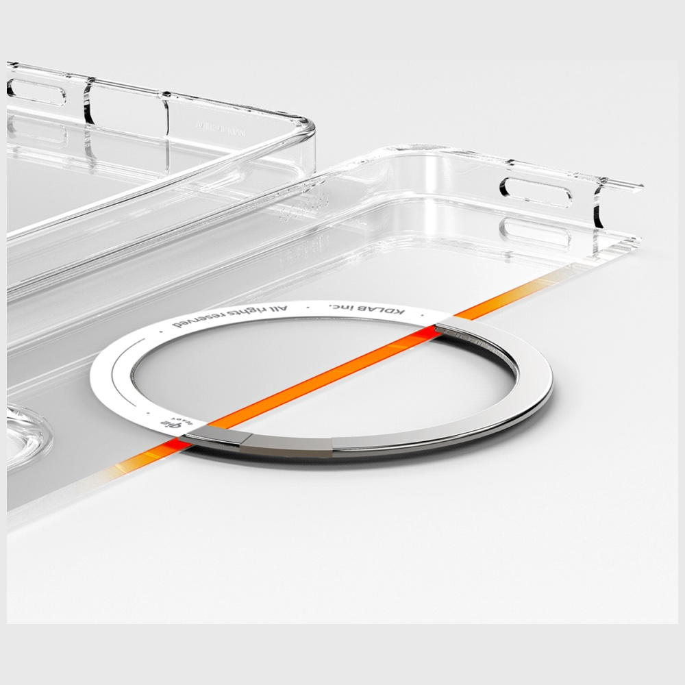 Przezroczyste etui na telefon z pierścieniem magnetycznym. Pomarańczowa linia przechodzi przez pierścień. Tło jest białe.