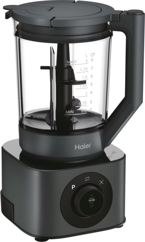 Un frullatore Haier. Ha una base nera, un contenitore trasparente con indicatori di misurazione e un manico nero.