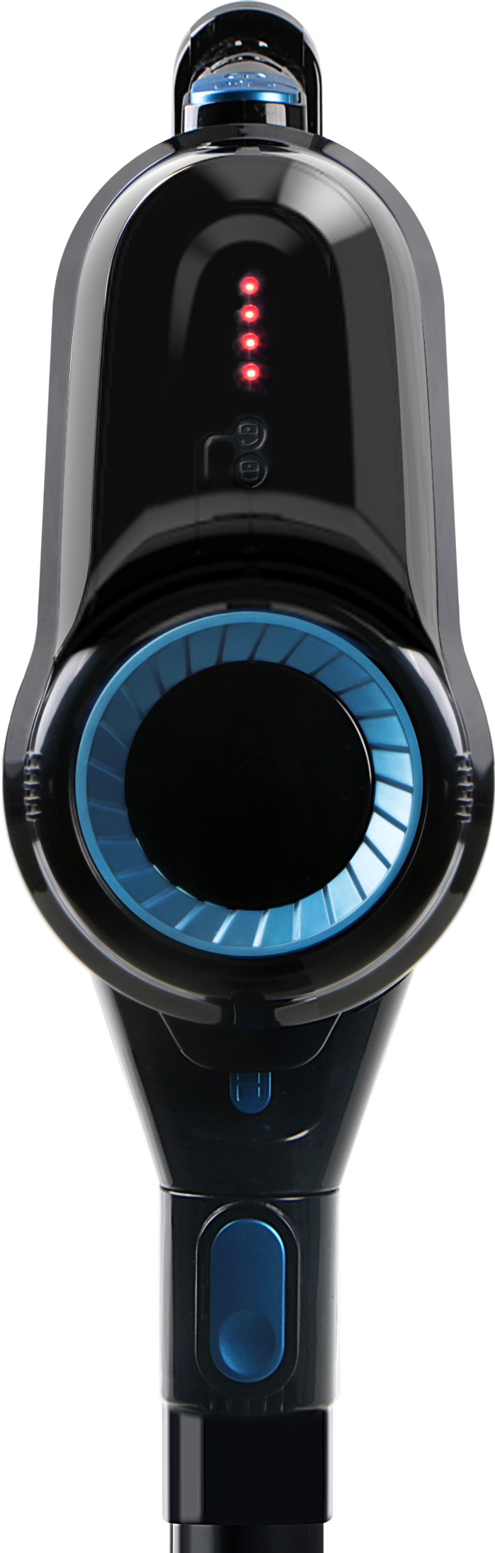 Schwarzer und blauer Handstaubsauger. Er hat ein kreisförmiges Design mit blauem Ring und roten Lichtern.