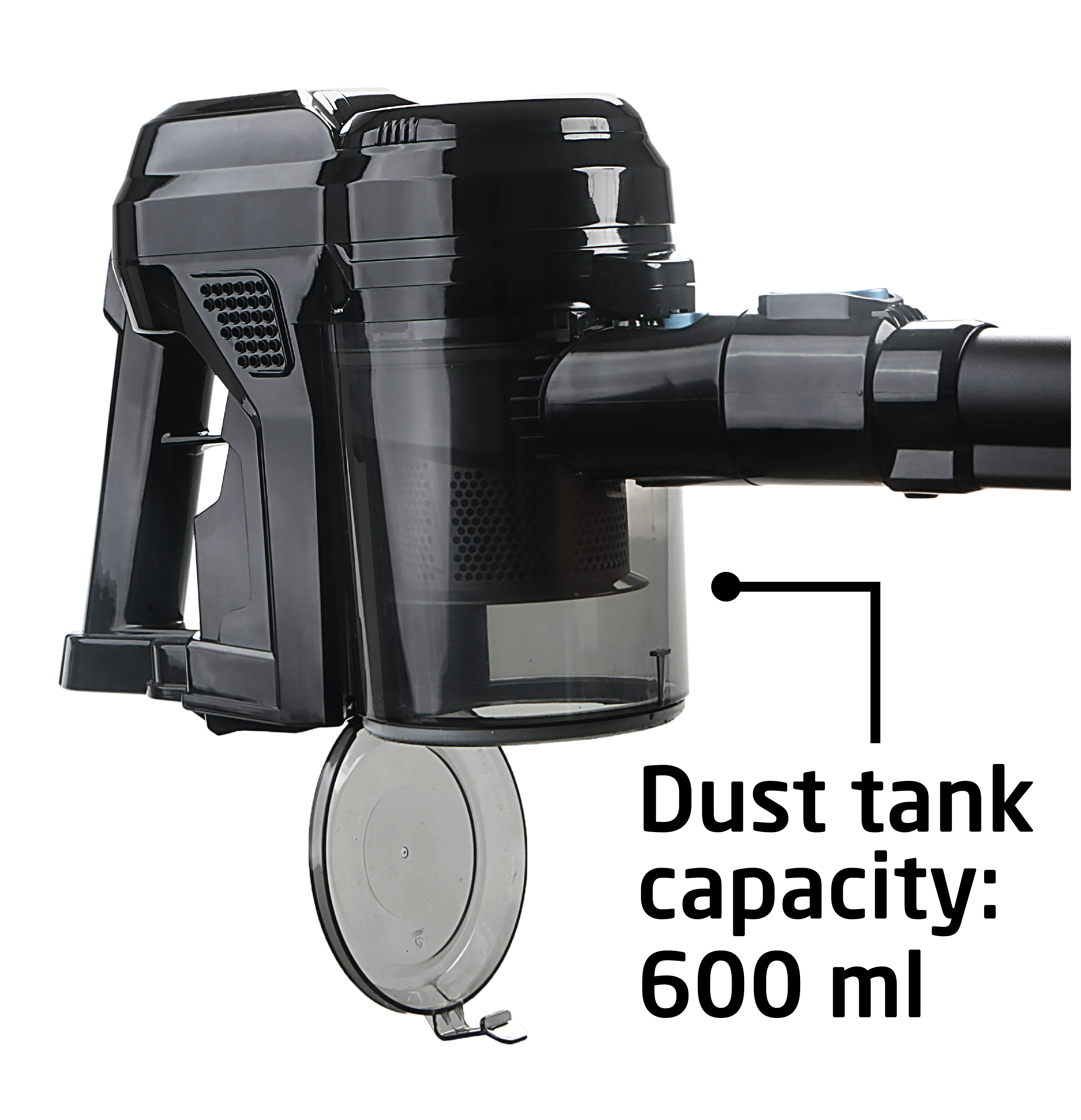 Ein schwarzer Akku-Staubsauger. Die Staubbehälterkapazität beträgt 600 ml. Der Staubbehälterdeckel ist geöffnet.