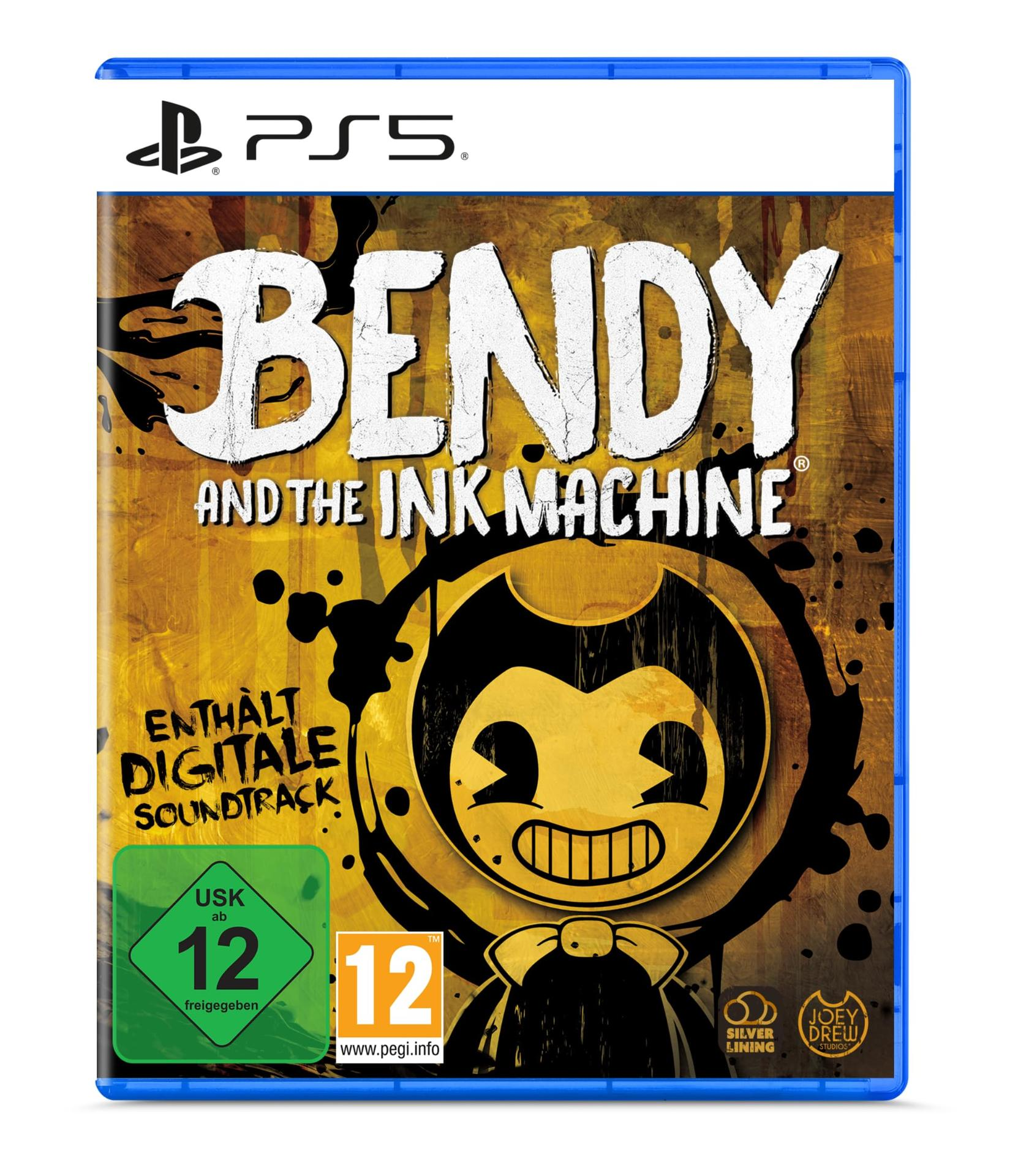 PS5-Spielcover von Bendy and the Ink Machine. Zeigt die Figur Bendy auf gelbem und schwarzem Hintergrund.