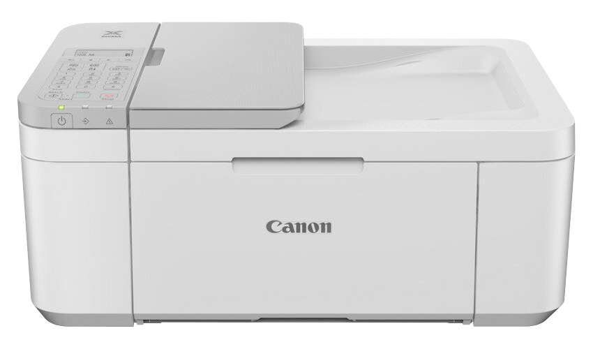 Biała drukarka Canon z panelem sterowania na górze. Logo Canon jest widoczne z przodu.