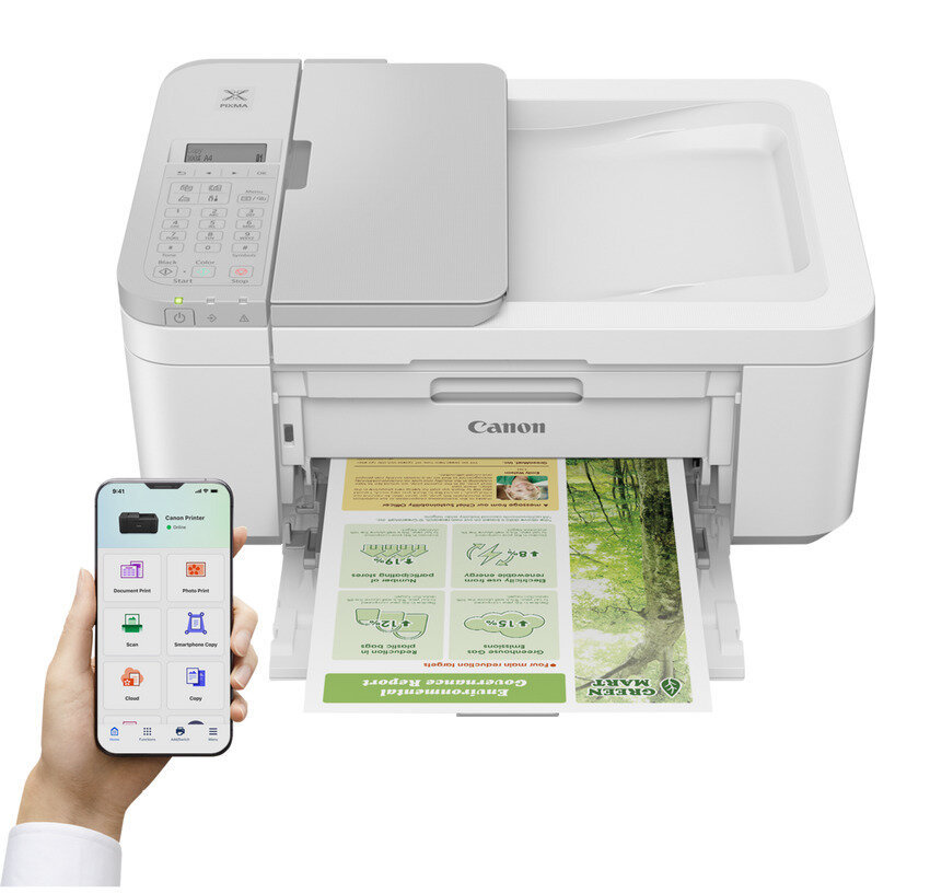 Biała drukarka Canon drukuje raport, telefon wyświetla opcje drukowania. Ręka trzyma telefon. Raport ma zielone logo.