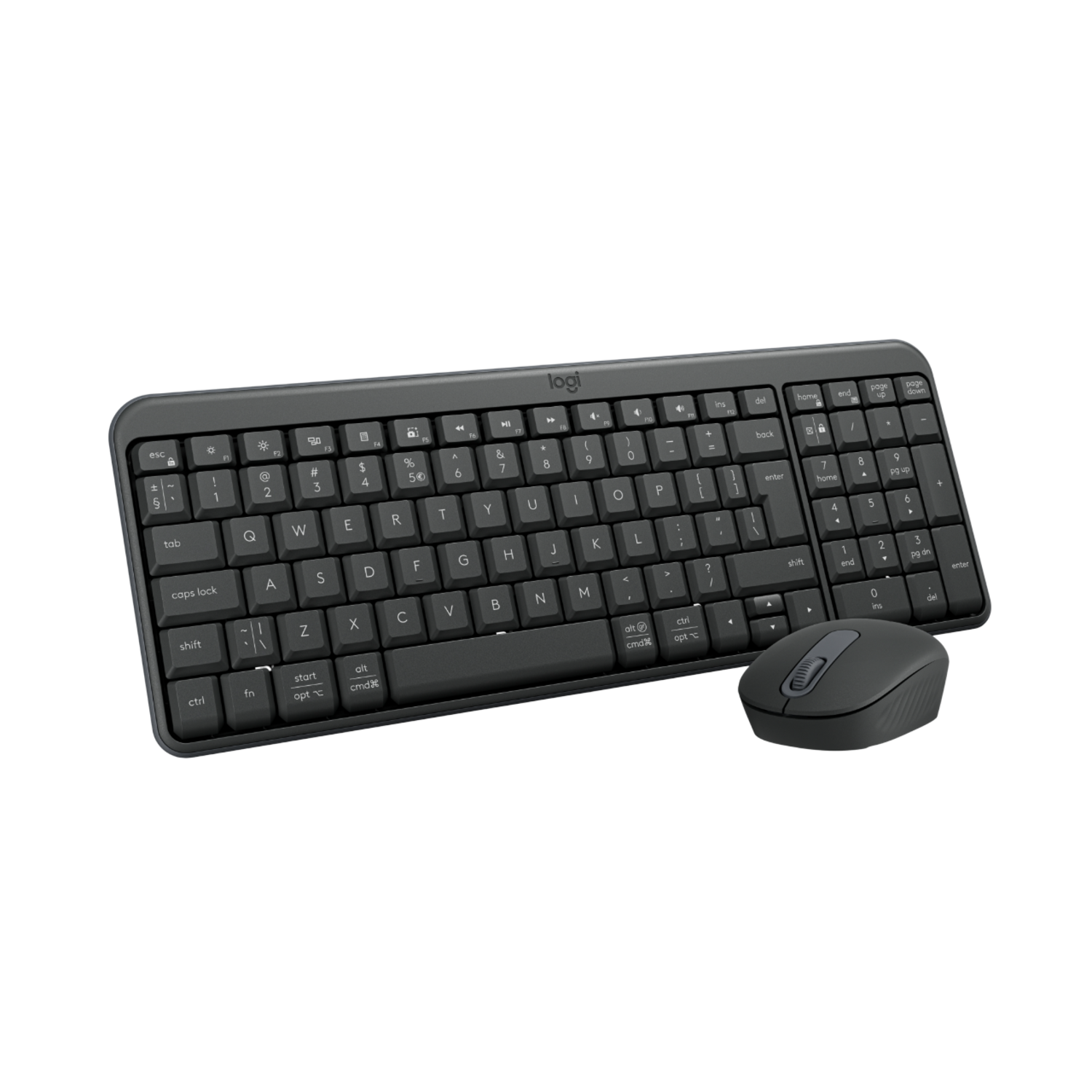 Een zwarte Logitech toetsenbord- en muisset op een zwarte achtergrond. Het toetsenbord heeft witte toetsen en een muis rechts.