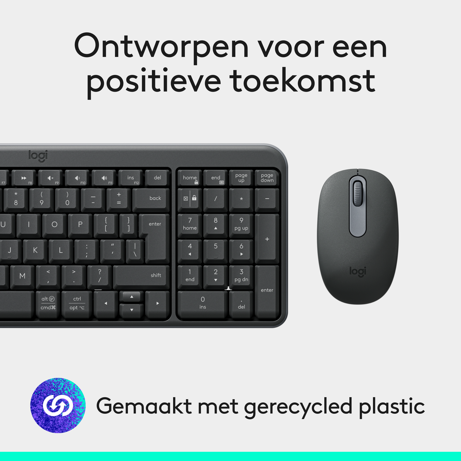 Zwarte Logitech toetsenbord- en muisset. Tekst boven en onder in het Nederlands.