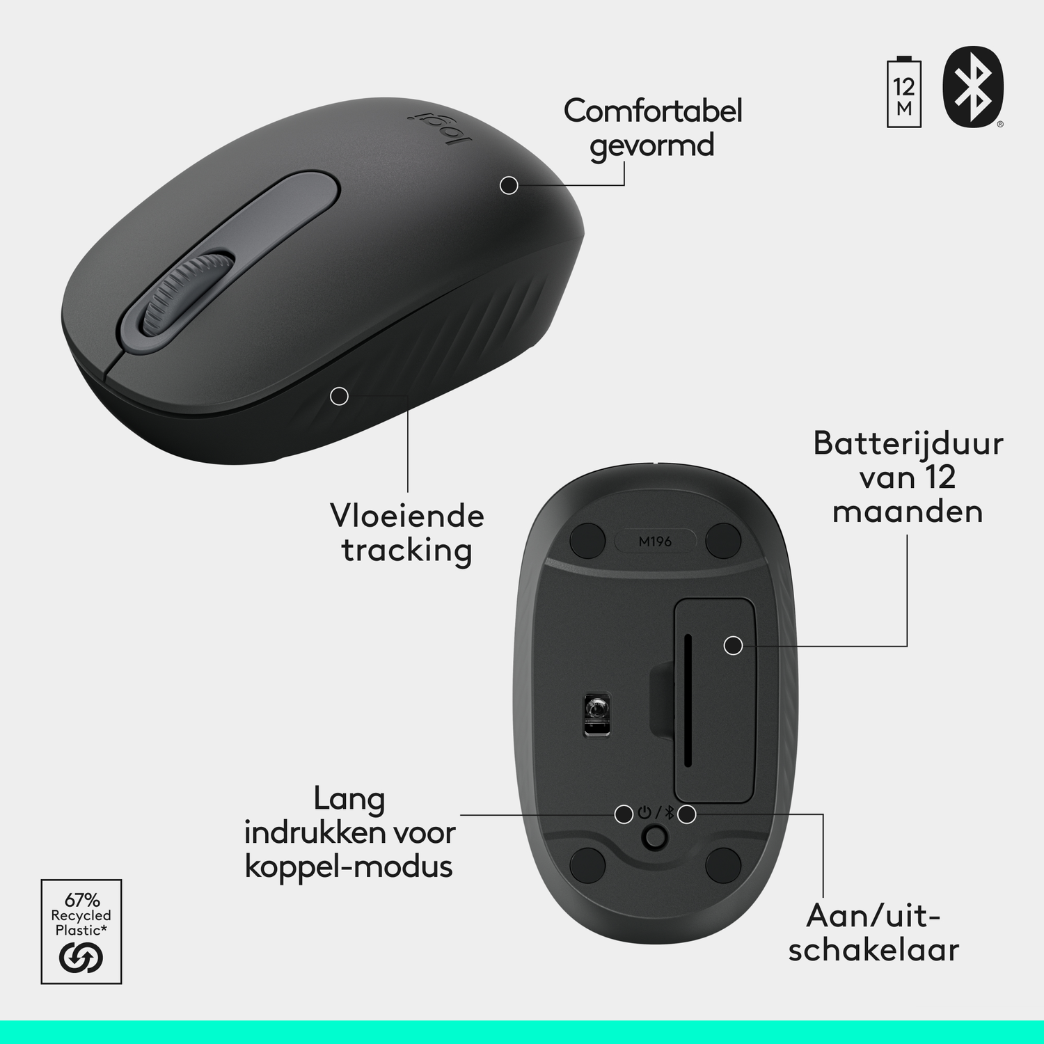 Zwarte Logitech muis met labels. Kenmerken: comfortabel ontwerp, soepele tracking, 12 maanden batterij en aan/uit-schakelaar.