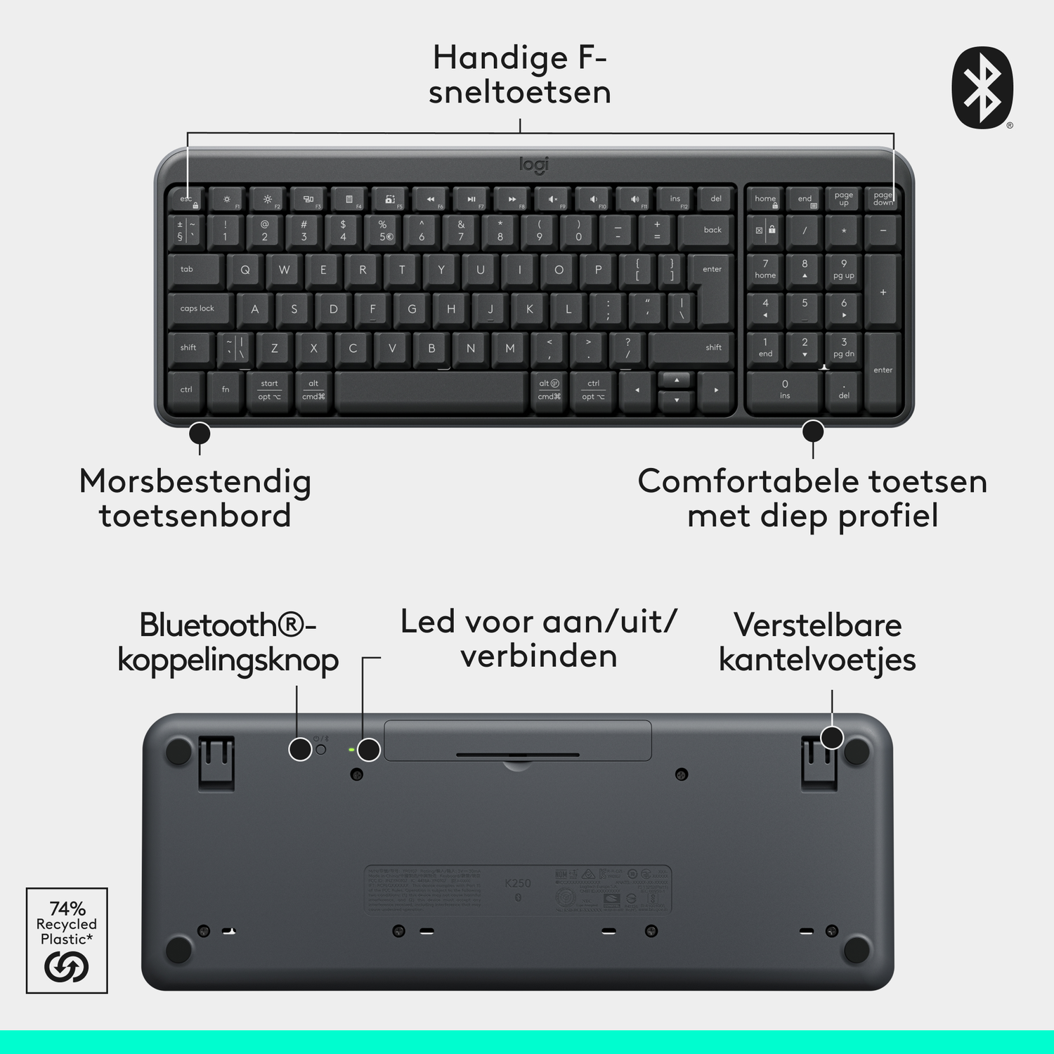 Zwart Logitech K250-toetsenbord. Kenmerken: Bluetooth, morsbestendig ontwerp en verstelbare voetjes.