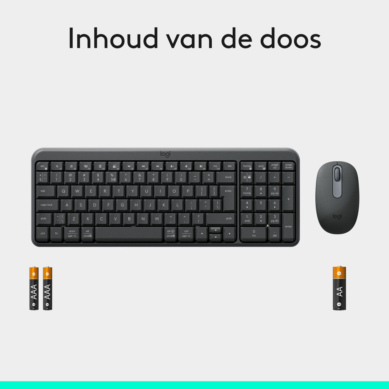 Een zwart toetsenbord, muis en batterijen op een witte achtergrond. Het toetsenbord en de muis hebben het Logitech-logo.