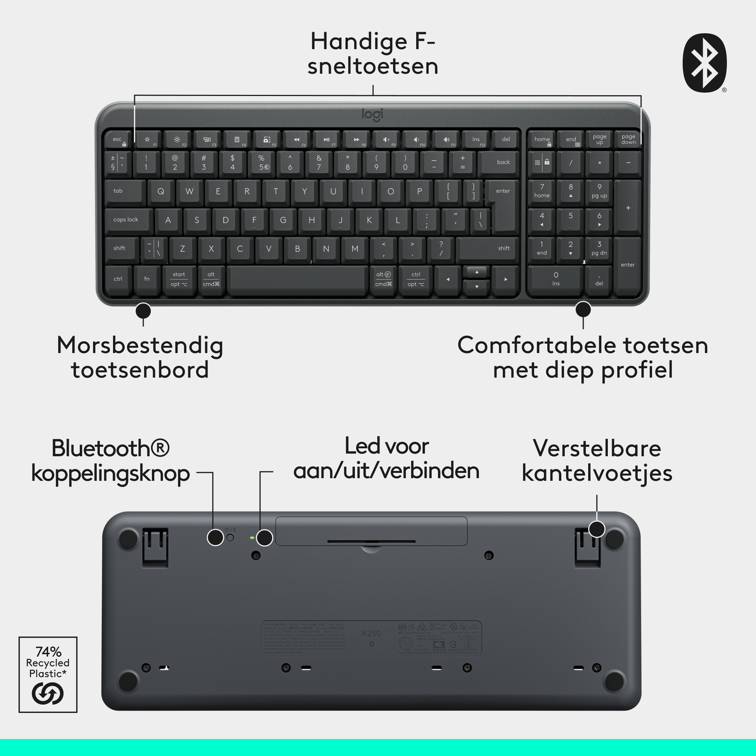 Zwart Logitech K250-toetsenbord met witte toetsen, functietoetsen en labels. 'Bluetooth' en 'gerecycled plastic'.