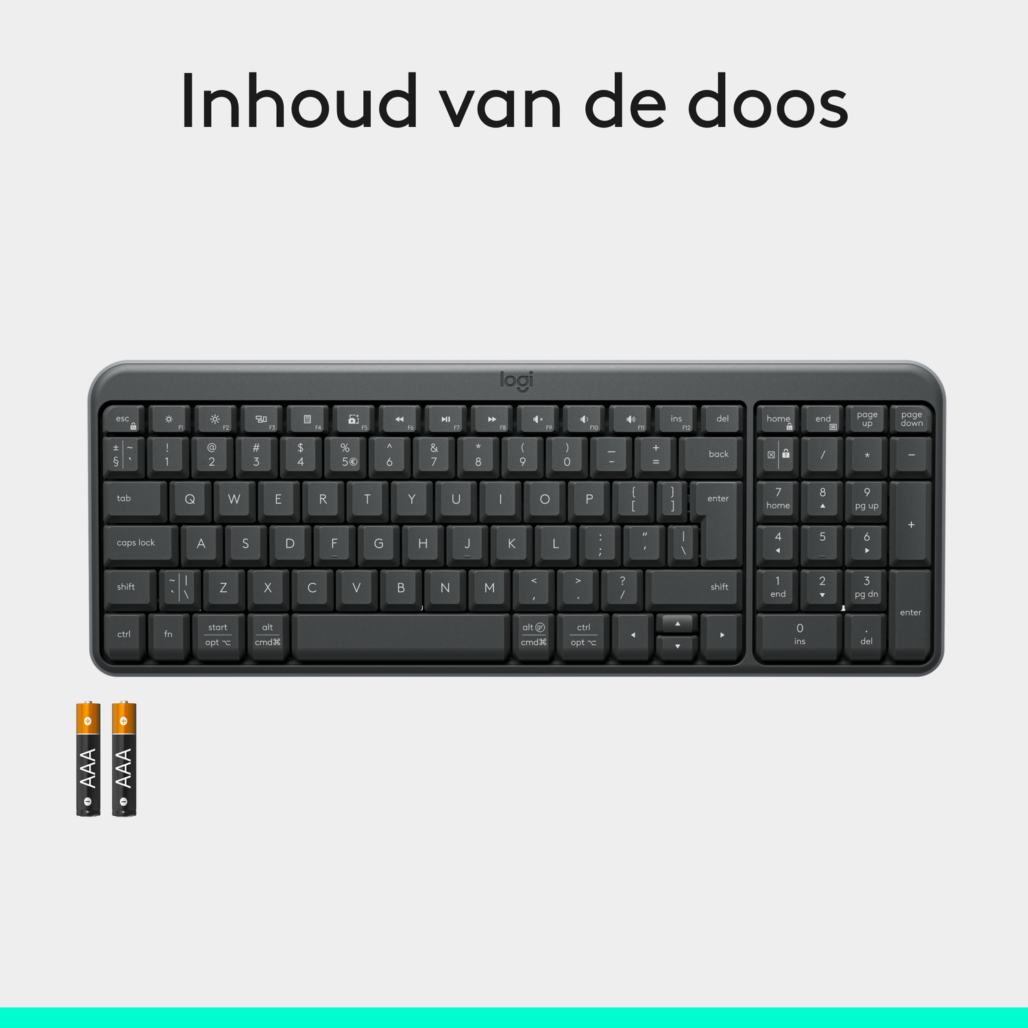Een donkergrijs Logitech-toetsenbord en twee AAA-batterijen op een wit oppervlak. De inhoud van de doos wordt getoond.