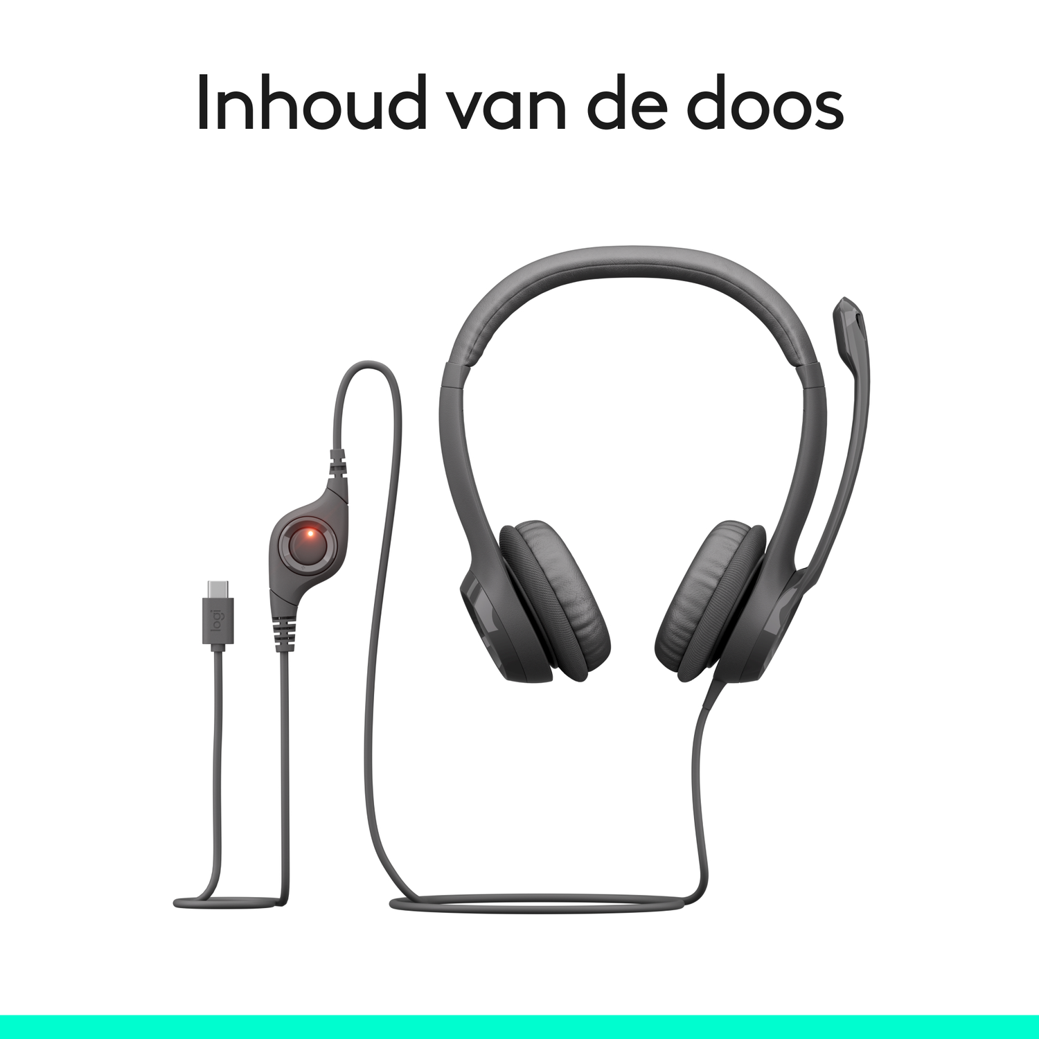 Grijze headset met microfoon en USB-kabel tegen witte achtergrond. Tekst "Inhoud van de doos" bovenaan.