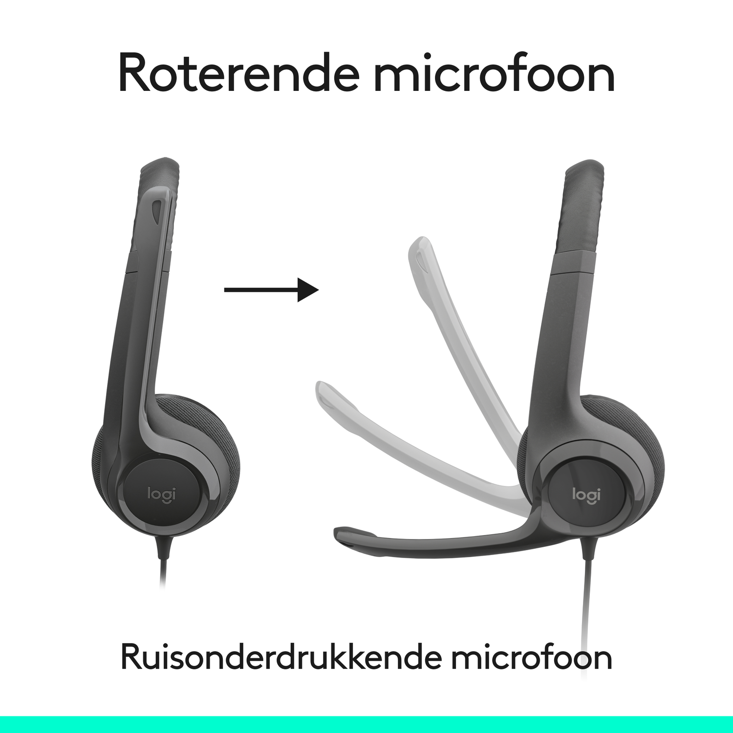 Een grijze Logitech-headset toont de draaiende microfoon. Tekst luidt: Draaiende microfoon, Ruisonderdrukkende microfoon.