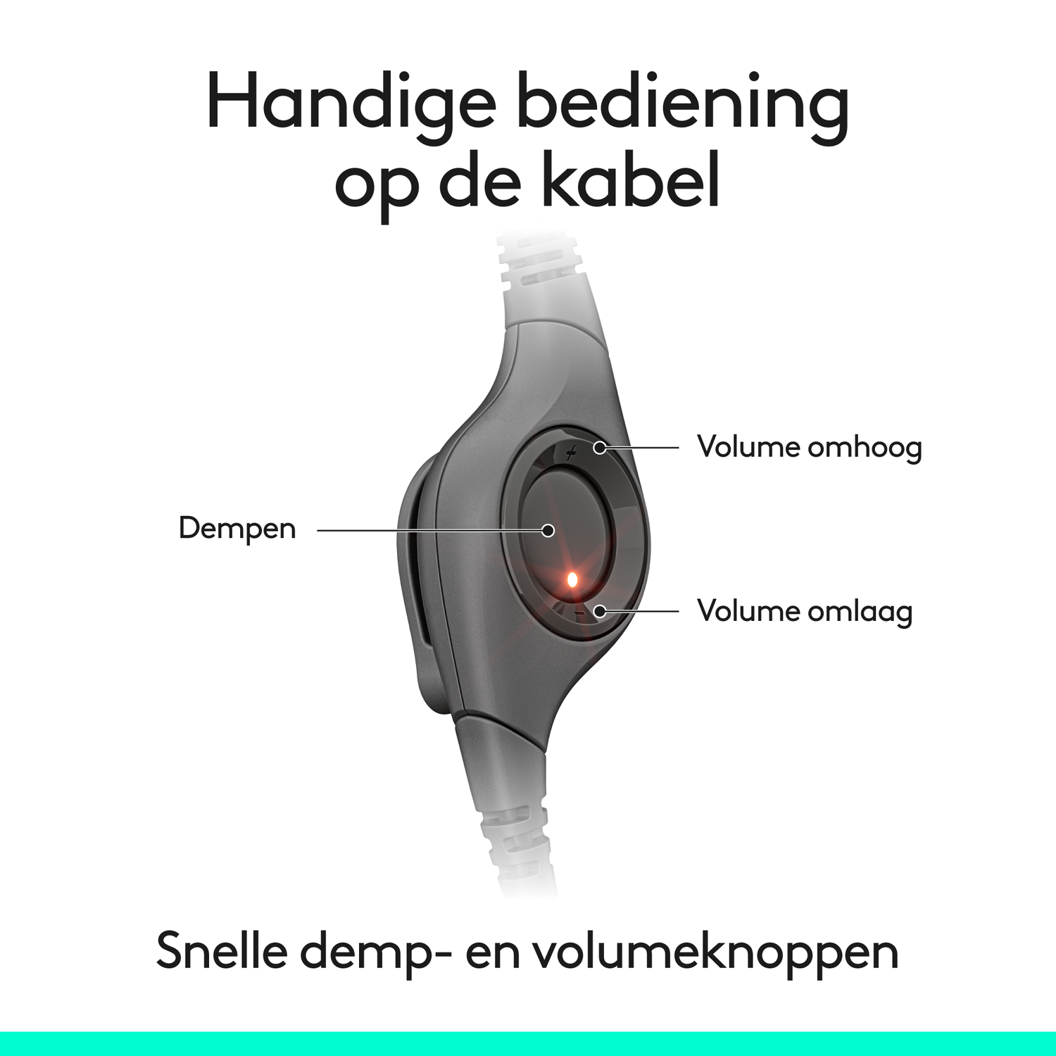 Headsetbediening met dempen, volume omhoog en omlaag knoppen. Tekst: Handige bediening op de kabel, snelle demp- en volumeknoppen.