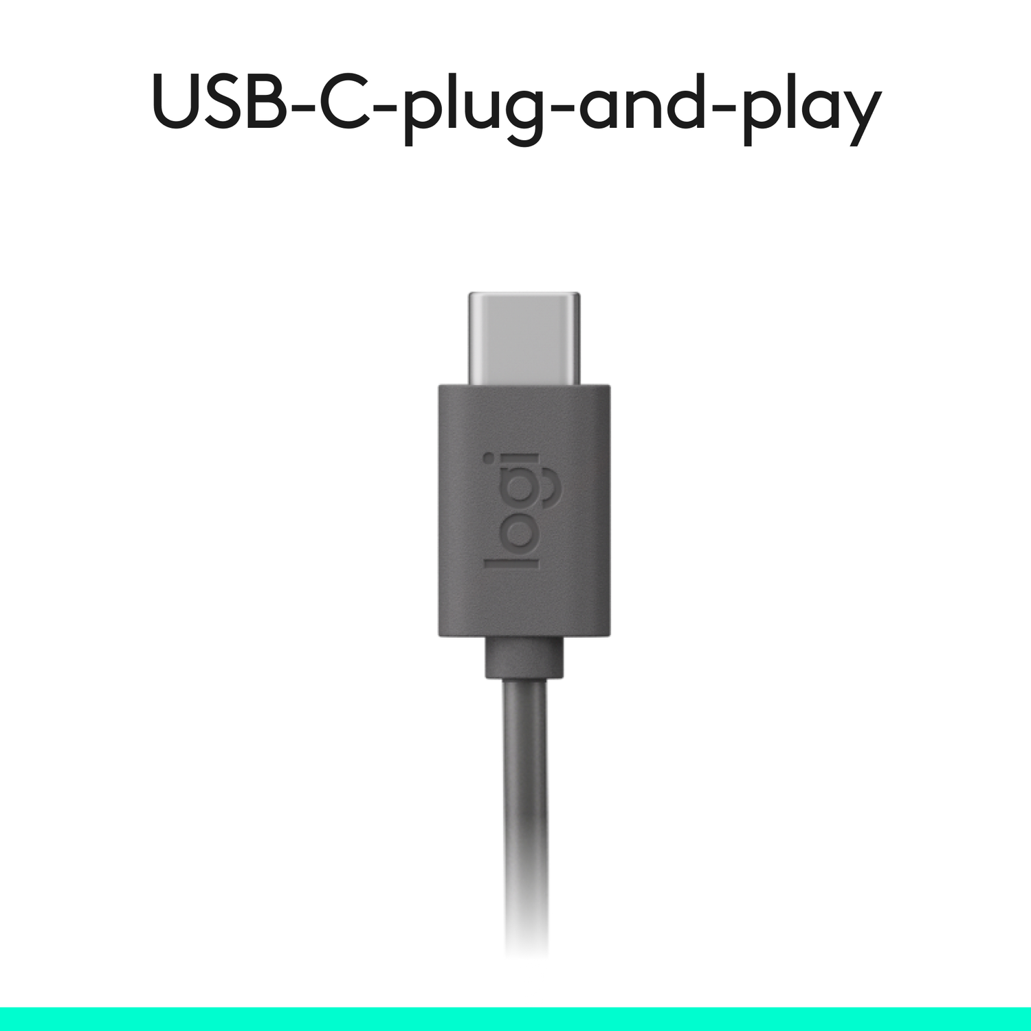 Een USB-C-kabel met een grijze stekker en snoer, tegen een witte achtergrond. De tekst 'USB-C plug-and-play' staat erboven.