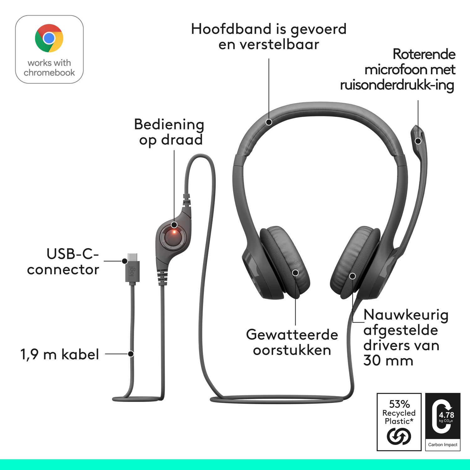Een grijze headset met USB-C-connector, inline bediening en een draaibare microfoon. Kenmerken zijn gevoerde oorschelpen en een kabel van 1,9 m.