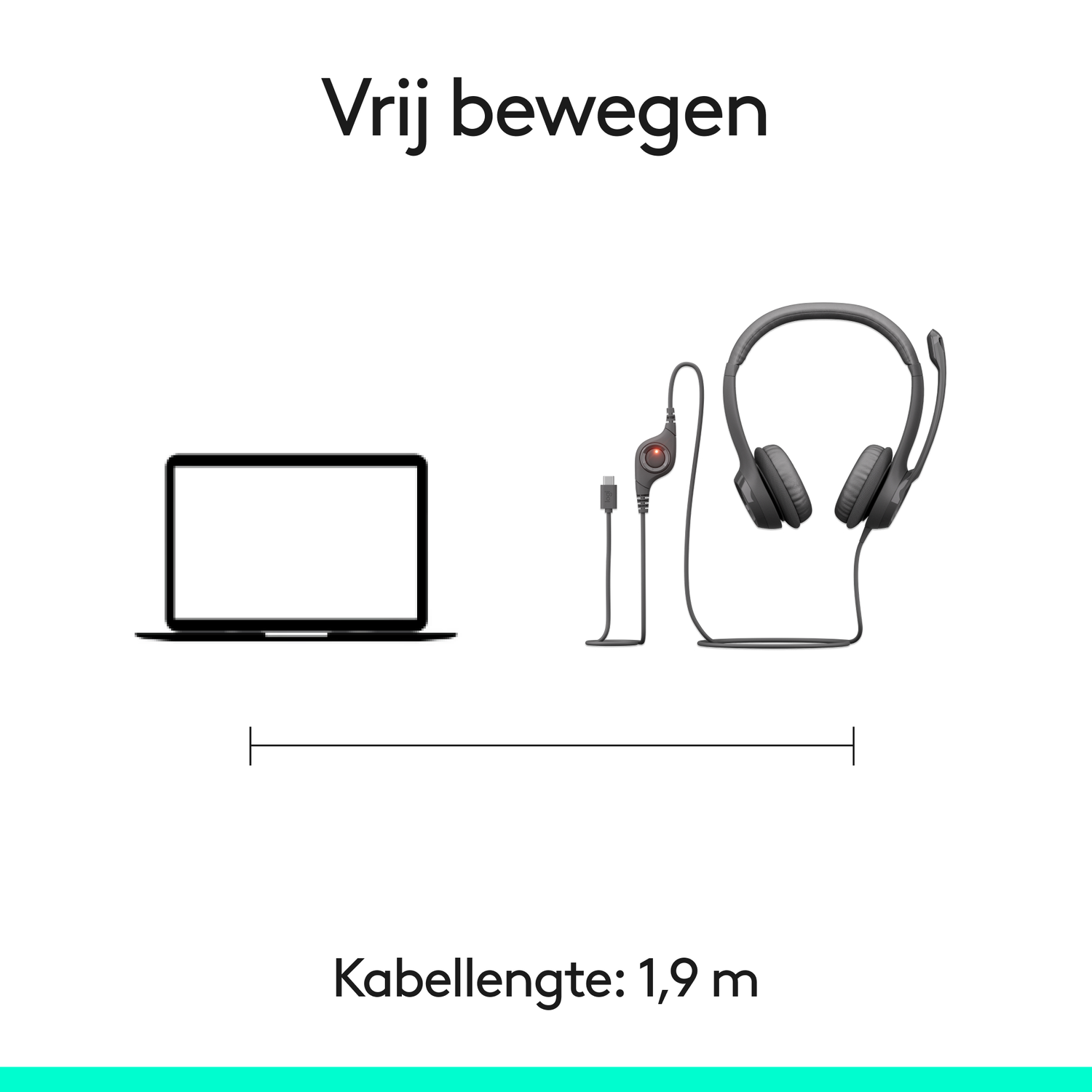 Laptop, headset en USB-kabel. Tekst: Vrij bewegen, Kabellengte: 1,9 m. Alles op een witte achtergrond.