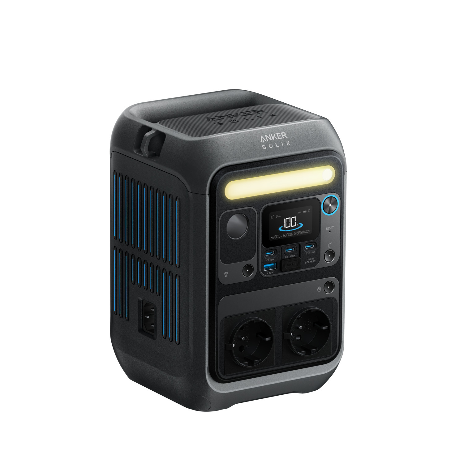 Black and gray Anker Solix power station. It has a digital display, multiple ports, and a handle. White background.
