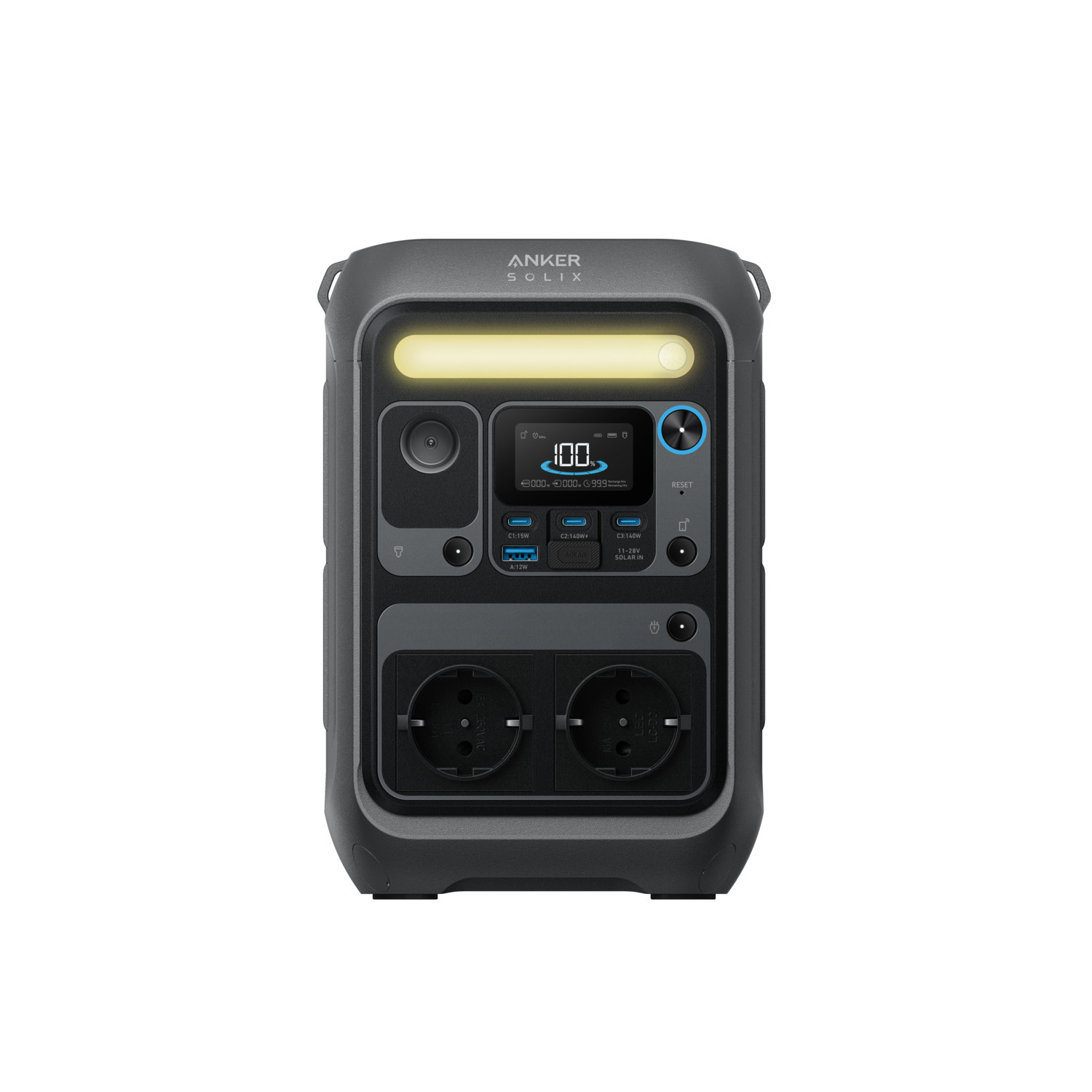 Anker Solix portable power station. Gray device with screen, ports, and outlets. Has a light bar and displays 100% charge.
