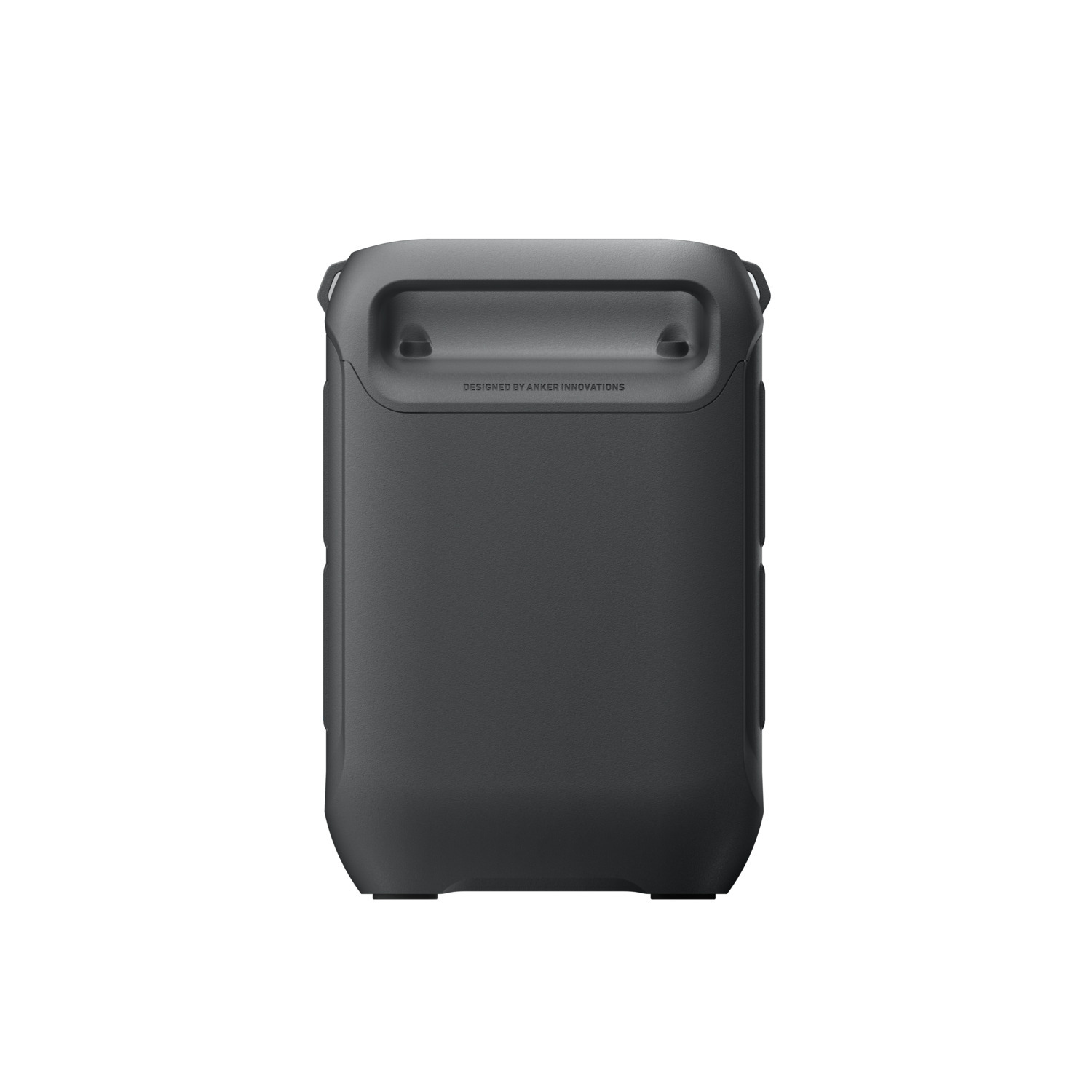 A black, rectangular speaker with a handle is centered on a white background. It has the text "DESIGNED BY ANKER INNOVATIONS".