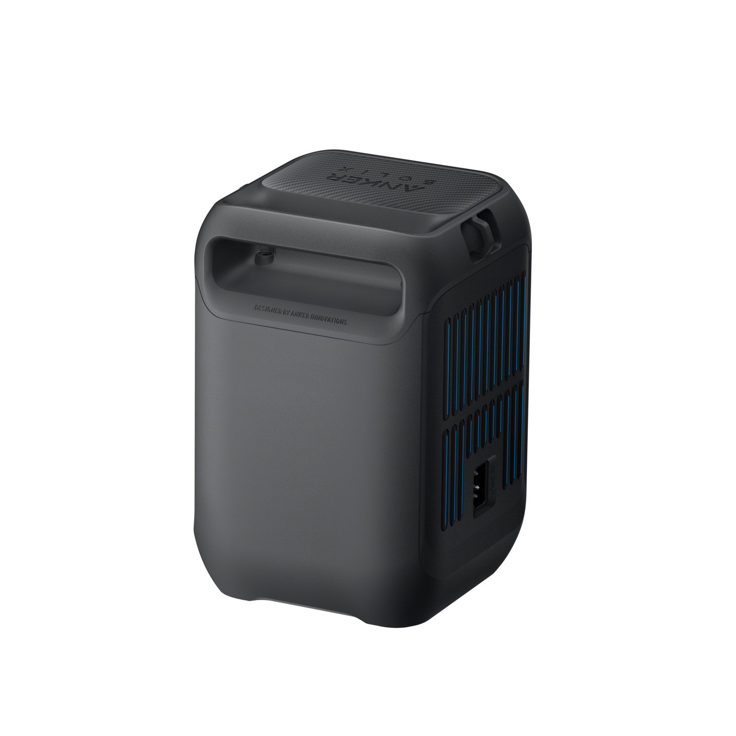 A dark gray Anker portable power station. It has a handle, blue accents, and an AC power port. White background.