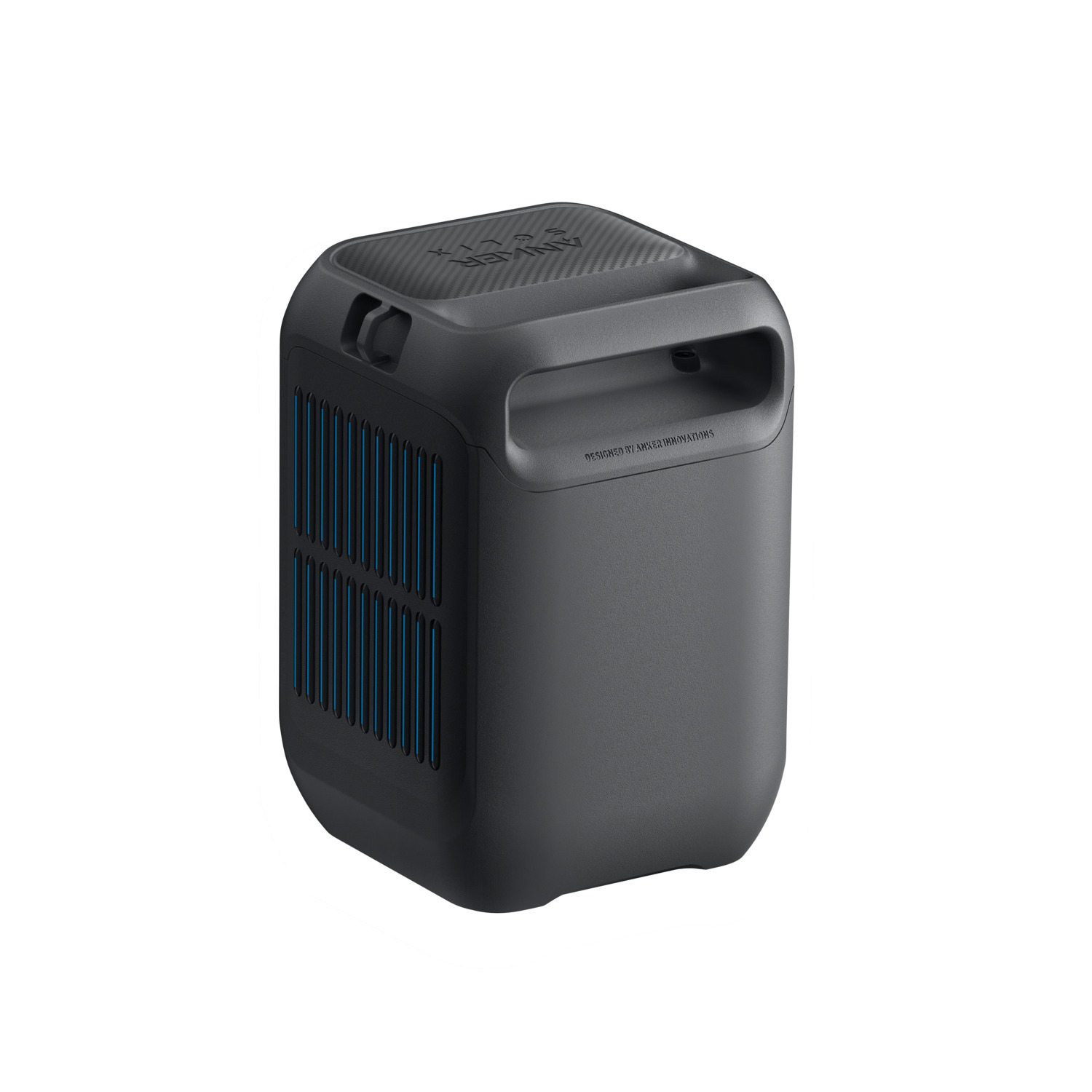Black, rectangular portable power station. It has a handle and blue vents on the side. The background is white.