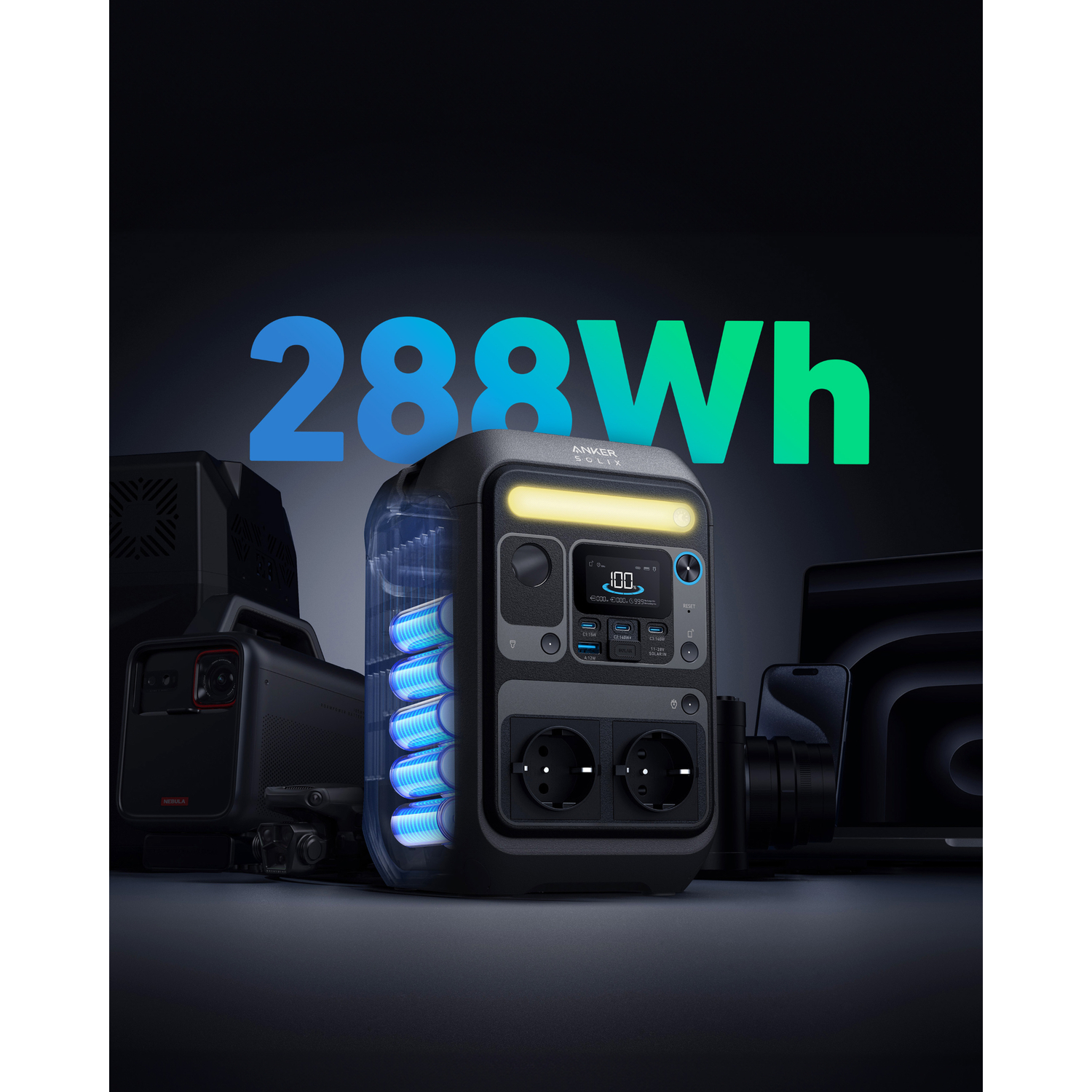 Une station d'alimentation avec 288 Wh, affichant des batteries internes et des prises. D'autres appareils sont derrière.