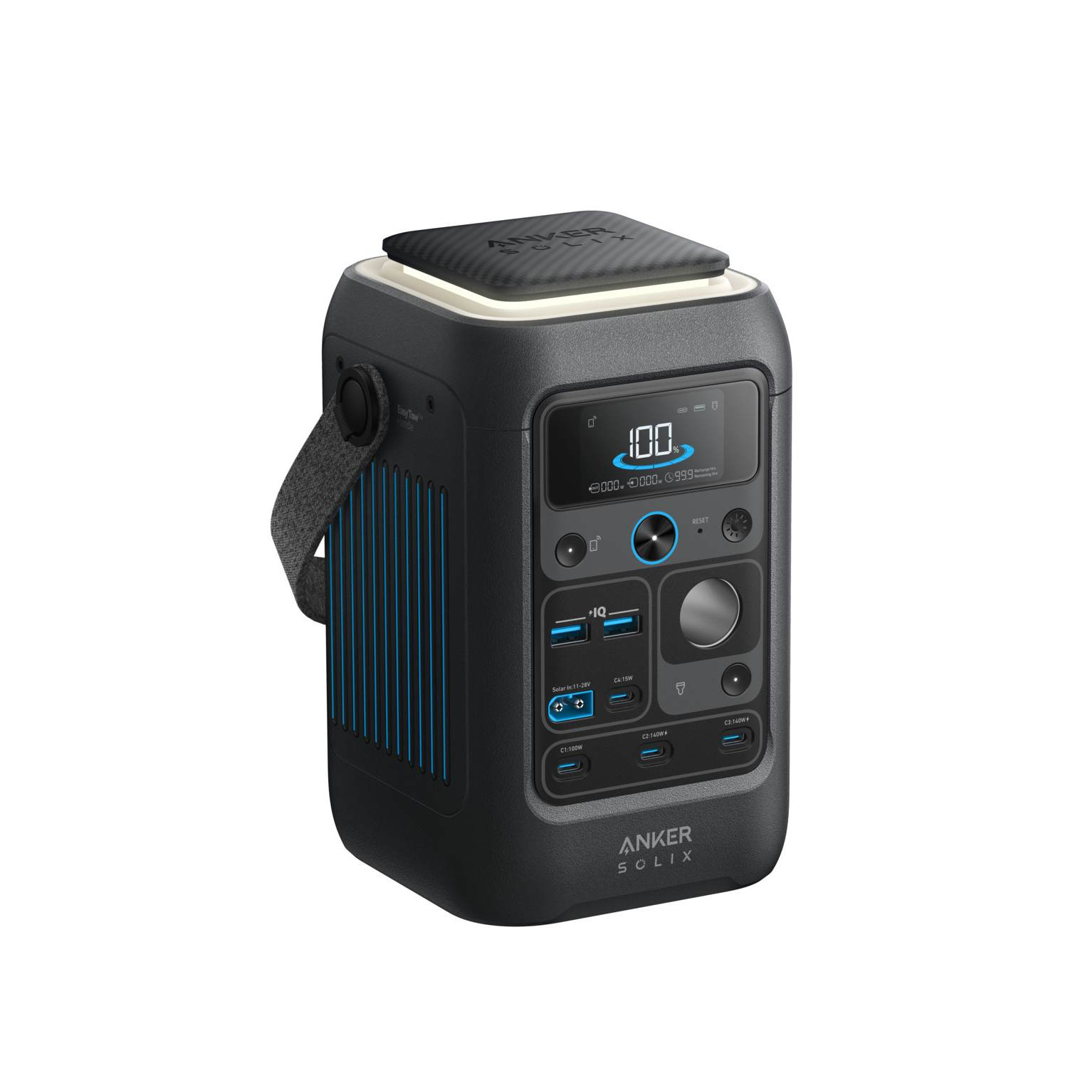 Black Anker SOLIX portable power station. Shows digital display with 100%. Features ports, a handle, and a top light. 