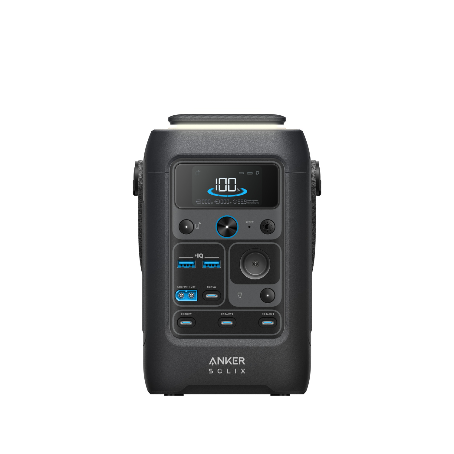 Black Anker Solix power station. It has a screen displaying 100%. Features ports and buttons. White light on top.
