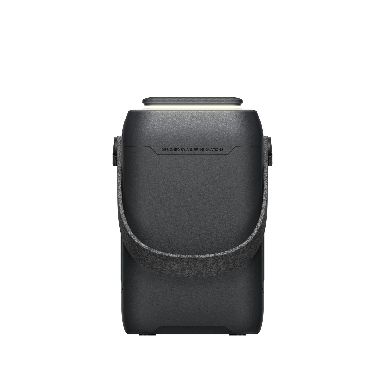 A black Anker portable power station with a handle. White background. 