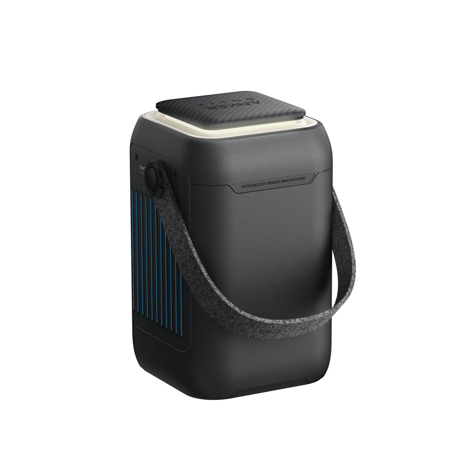 Black portable speaker with gray handle. Blue vertical lines on side. White background. Top has a dark gray surface.