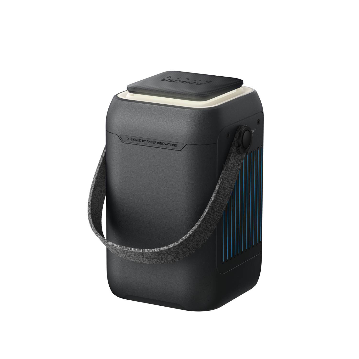 Black air purifier with gray handle. Features blue lines on the side and the brand name on top.
