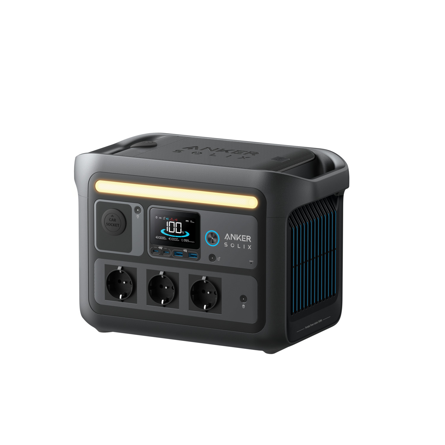Zwarte Anker Solix draagbare powerstation. Toont stopcontacten, display en auto-aansluiting. Heeft blauwe en gele accenten.