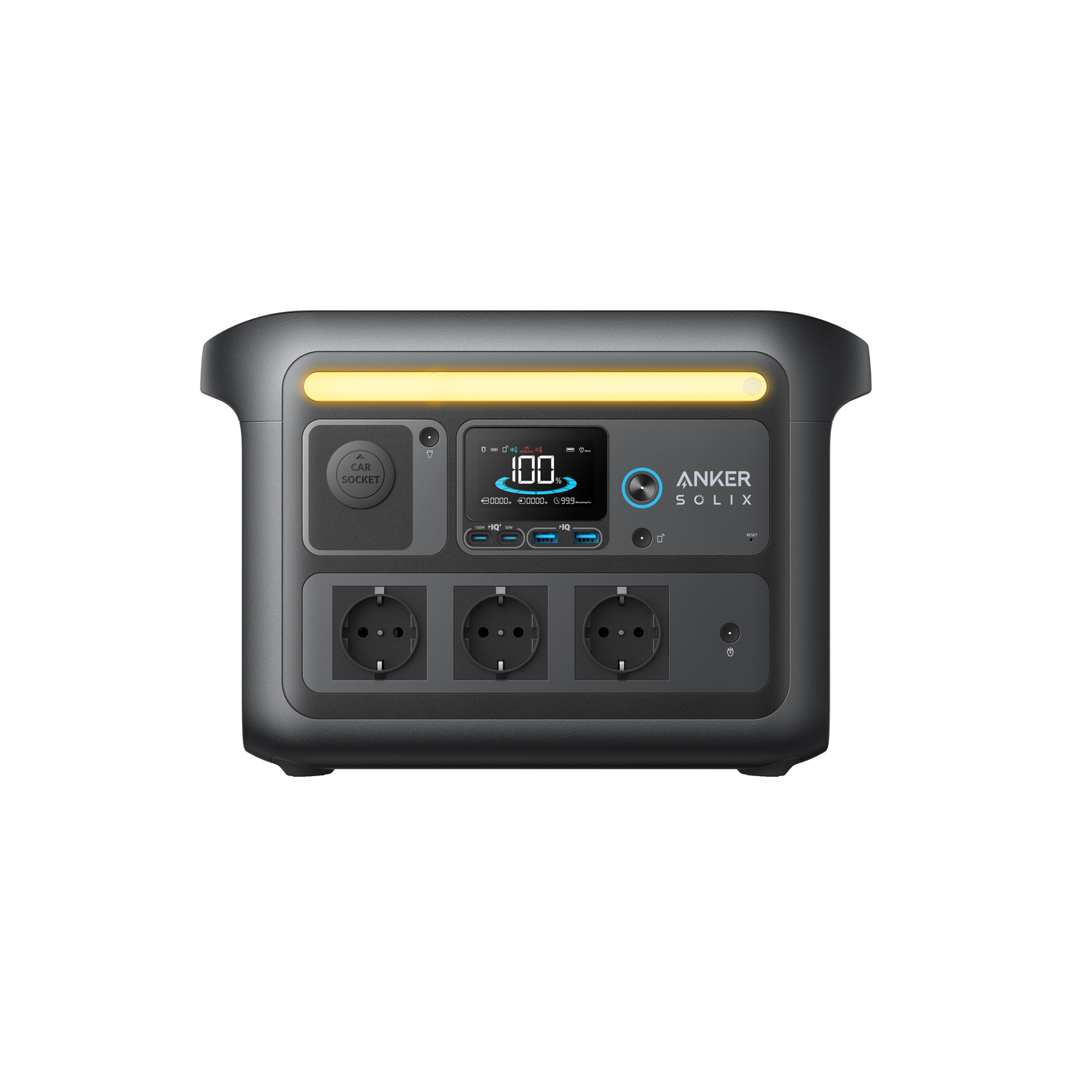 Anker SOLIX powerstation, grijs met gele lichtbalk. Het heeft stopcontacten, een display met 100% en een auto-aansluiting.