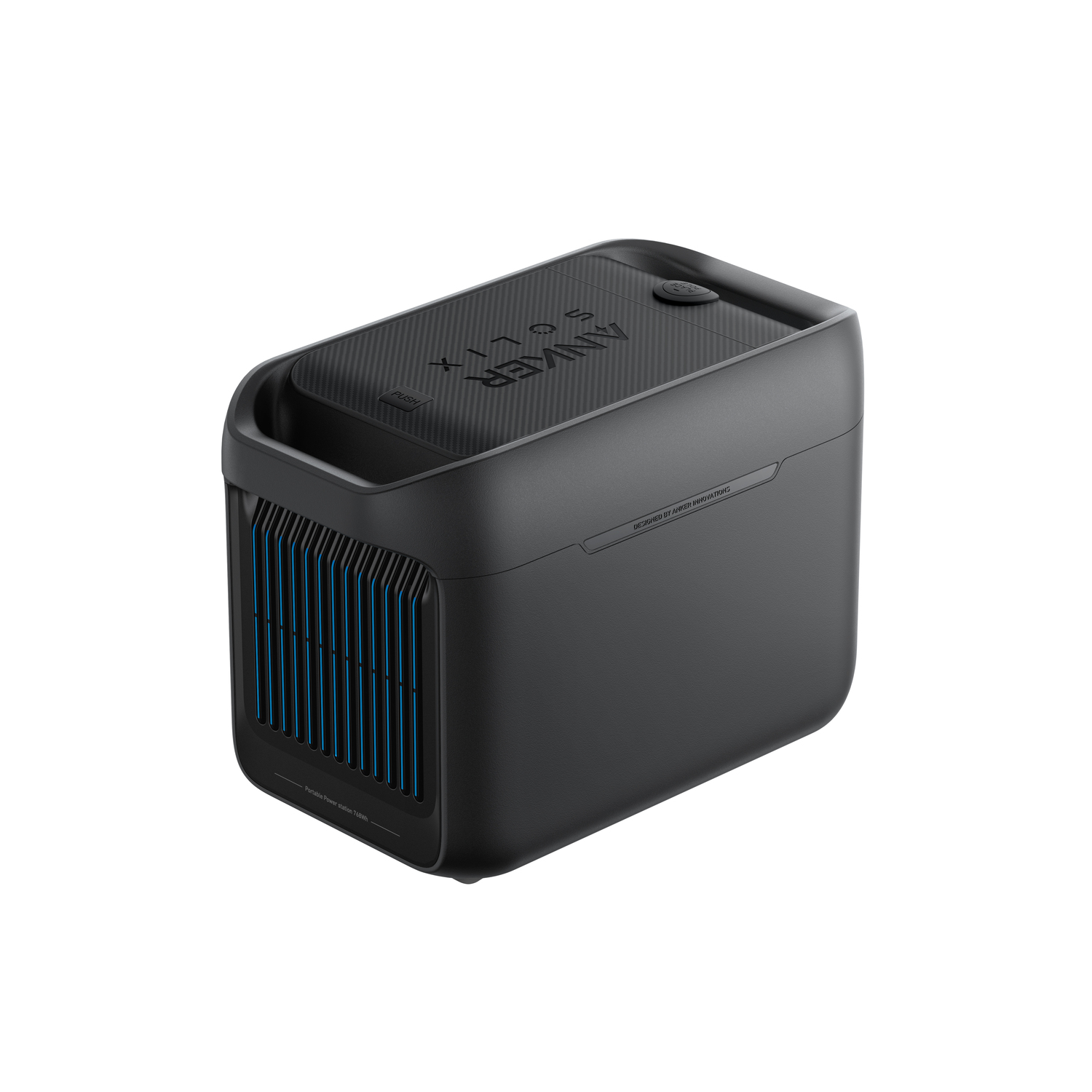 Zwart draagbaar Anker Solix-energiecentrale. Heeft blauwe ventilatieopeningen en een bovenste knop. Ontworpen door Anker Innovations.