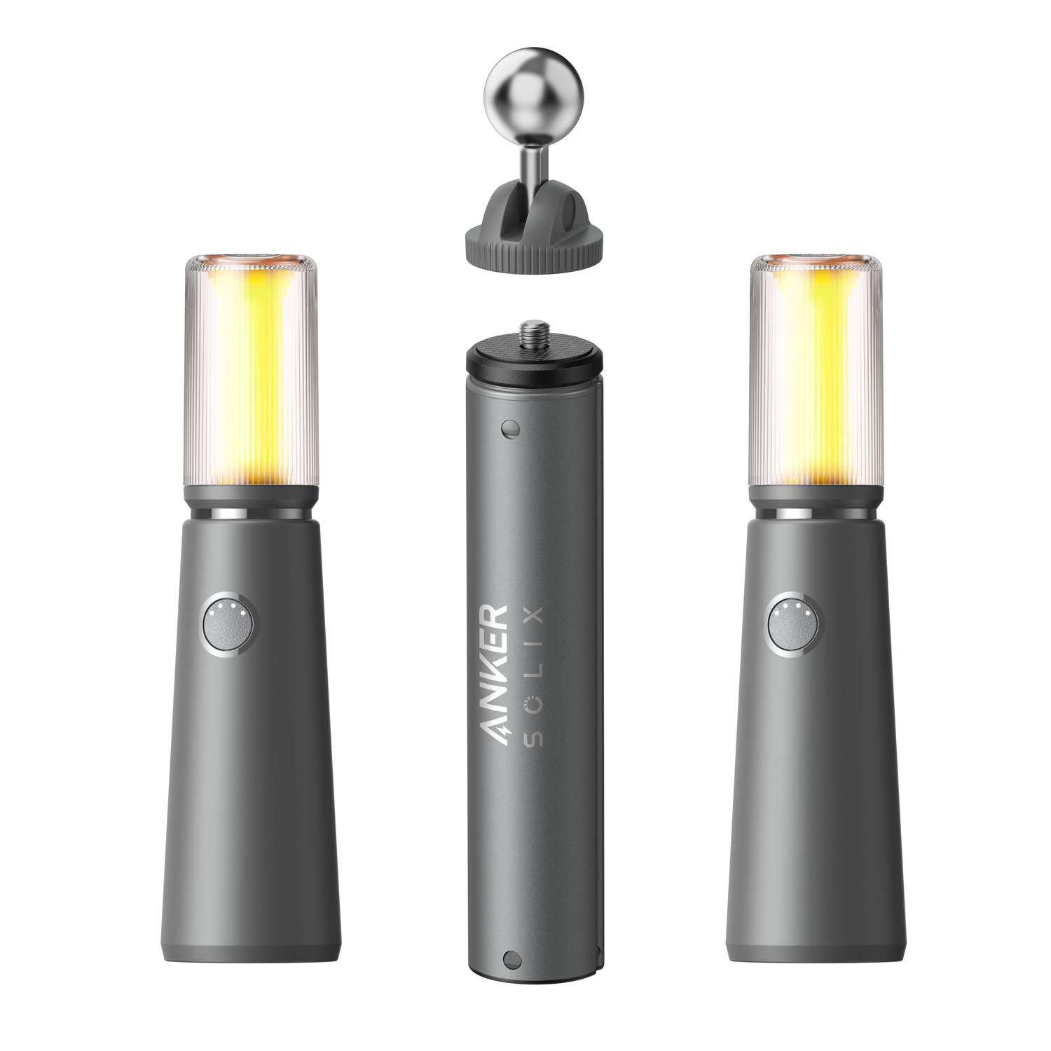 Anker Solix-lampen met aparte componenten. Twee lampen met felgeel licht, een statiefkop en een cilindrische basis.